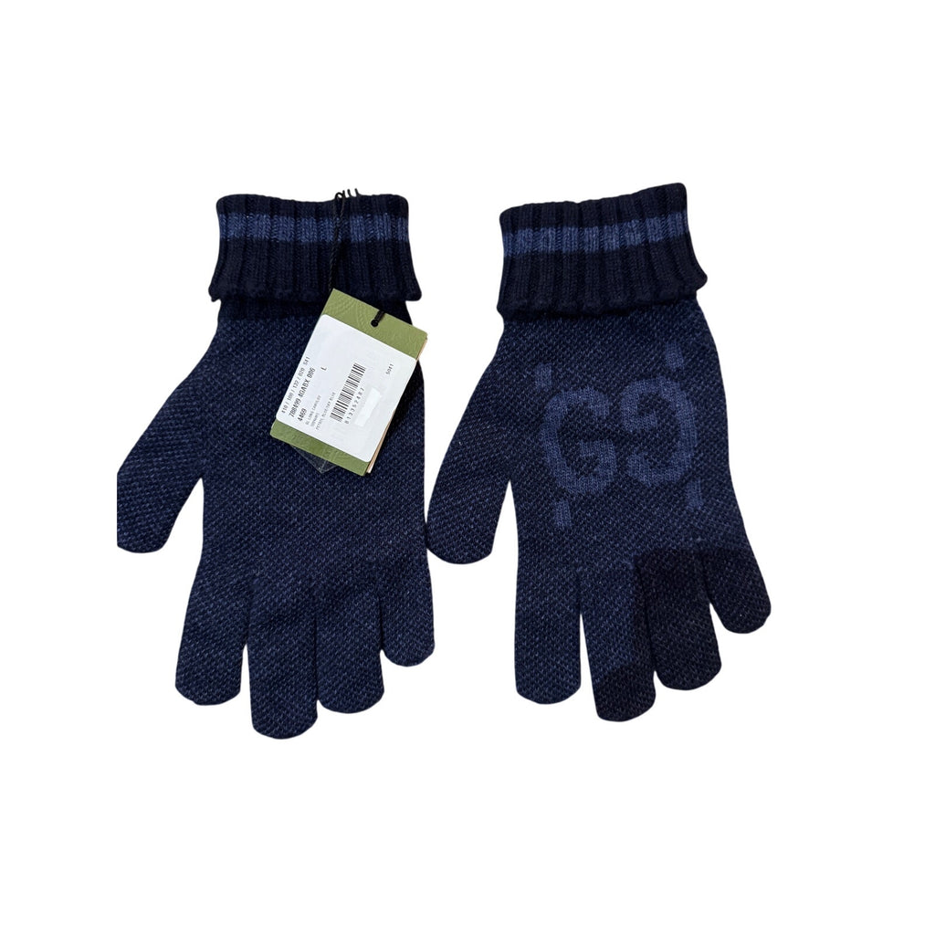 GUCCI Blue Logo-Jacquard Cashmere Gloves NWT size large