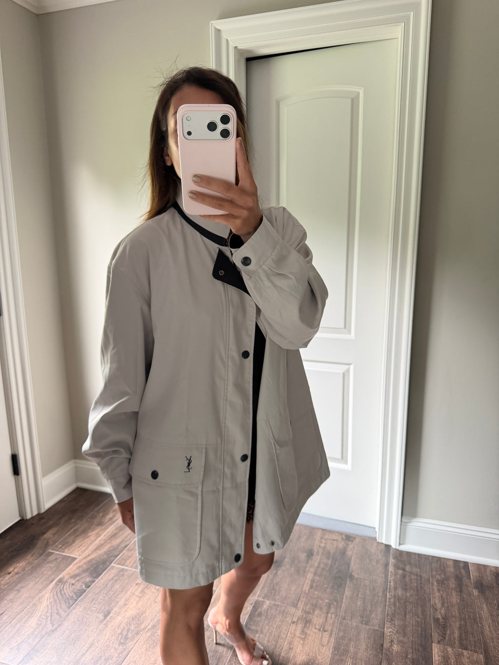 Yves Saint Laurent Vintage 90s Reversible YSL Logo Windbreaker Jacket Navy & Light Gray Hidden Hood Size 100 Oversized