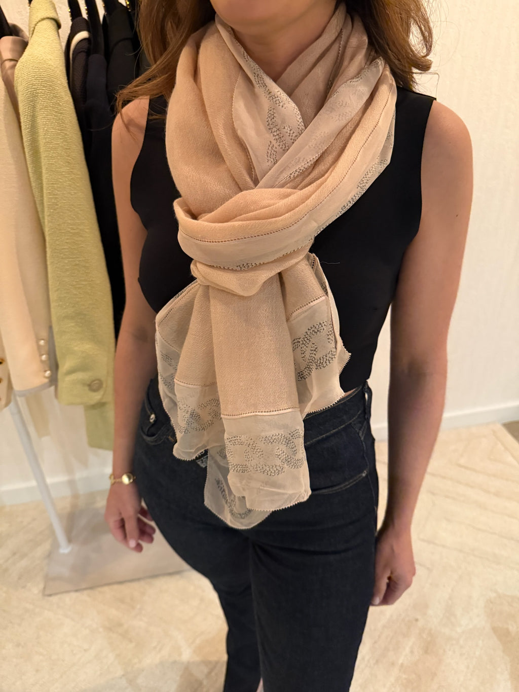 Chanel Cashmere CC Logo Scarf Pink Silver Metallic Lightweight Wrap