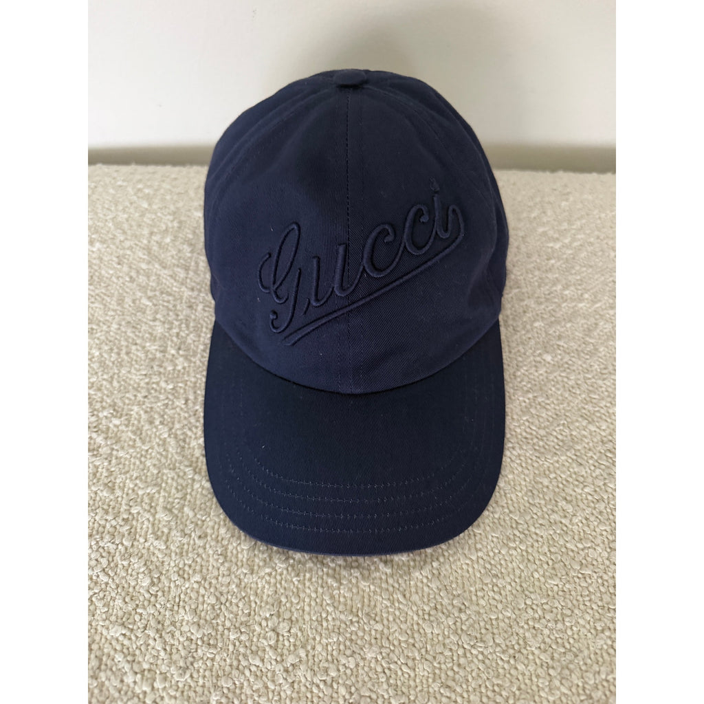 Gucci Navy Logo Embroidered Cotton Baseball Cap Size S Adjustable Strap NWT
