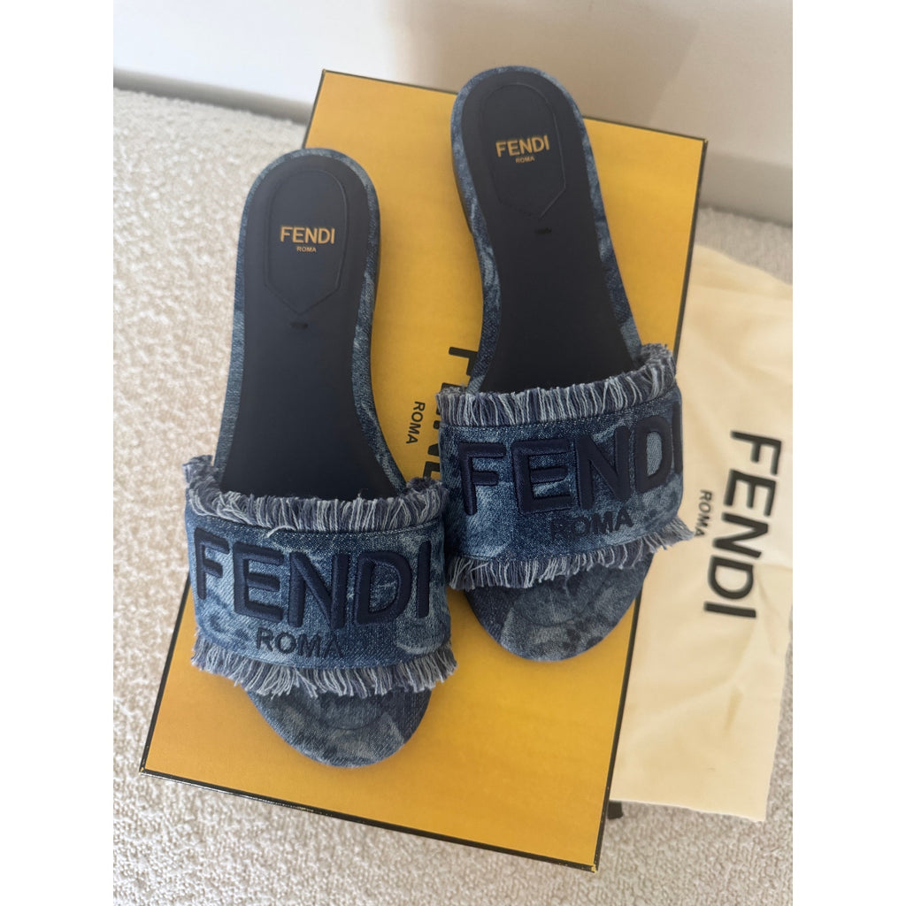 FENDI Sunshine Floral Denim Frayed Slide Sandals BNIB Size 36
