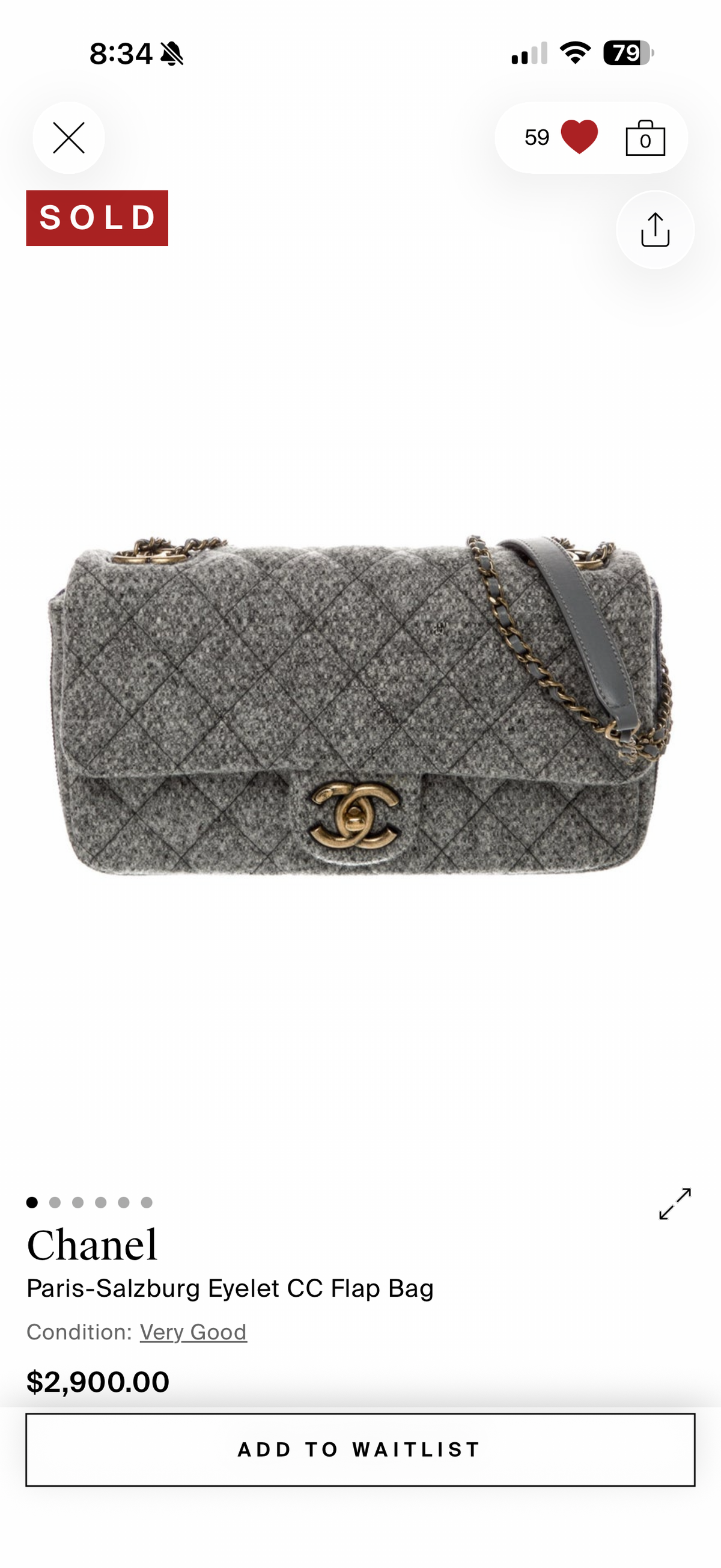 Chanel 2015–2016 Salzburg Collection Grey Quilted Wool Flap Bag with CC Chain Detail