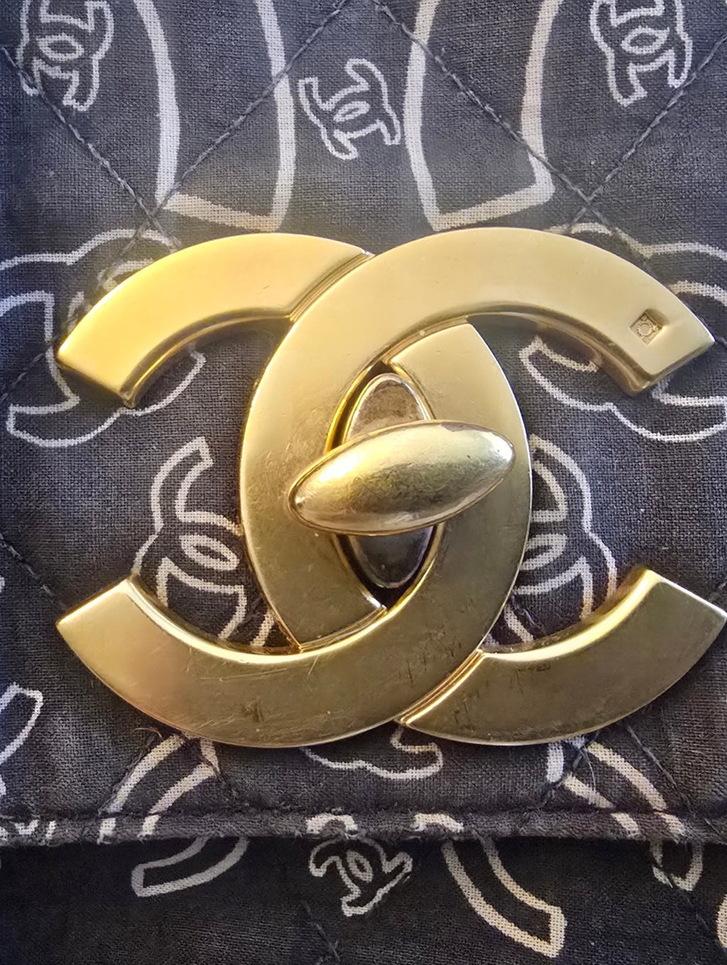 CHANEL 1990s Vintage Bandana Jumbo Flap Bag Black CC Logo 24K Gold Chain Rare