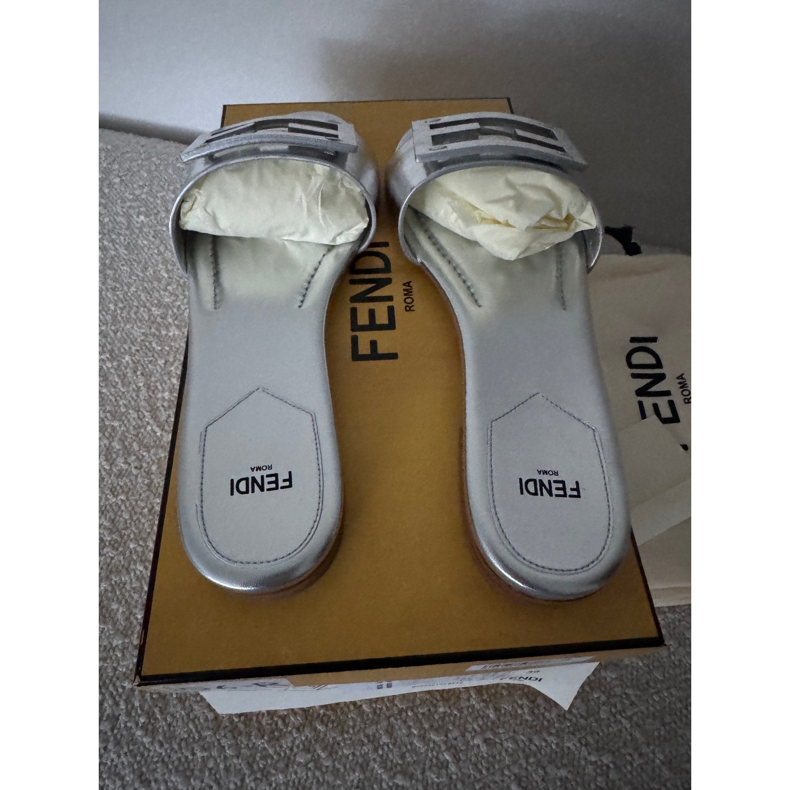 FENDI Silver Baguette nappa leather slides BNIB Size 39