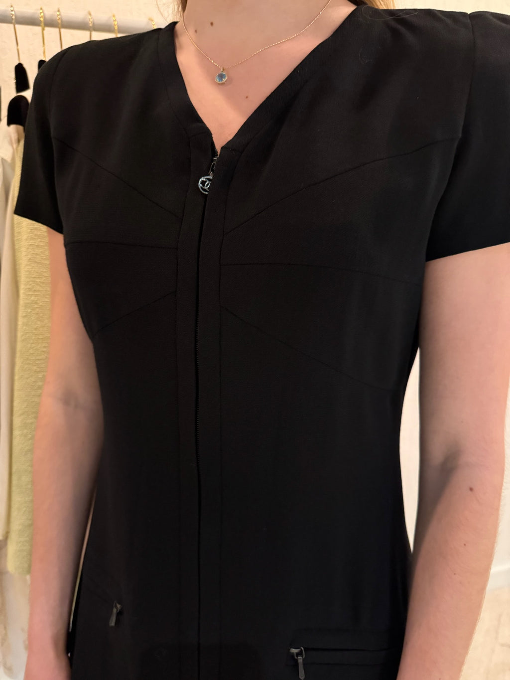Chanel Black Wool Silk Blend Midi Dress FR 40 | CC Logo Zipper Pull