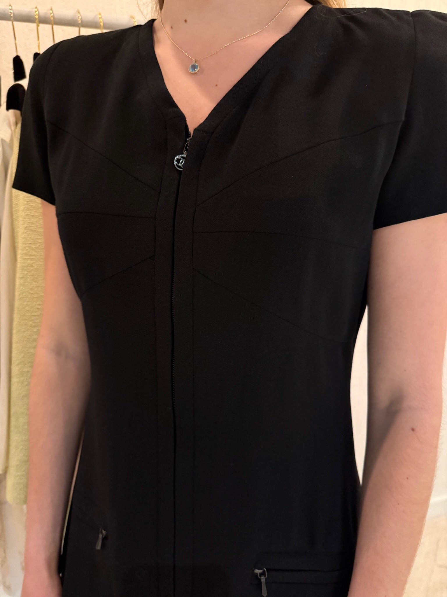 Chanel Black Wool Silk Blend Midi Dress FR 40 | CC Logo Zipper Pull