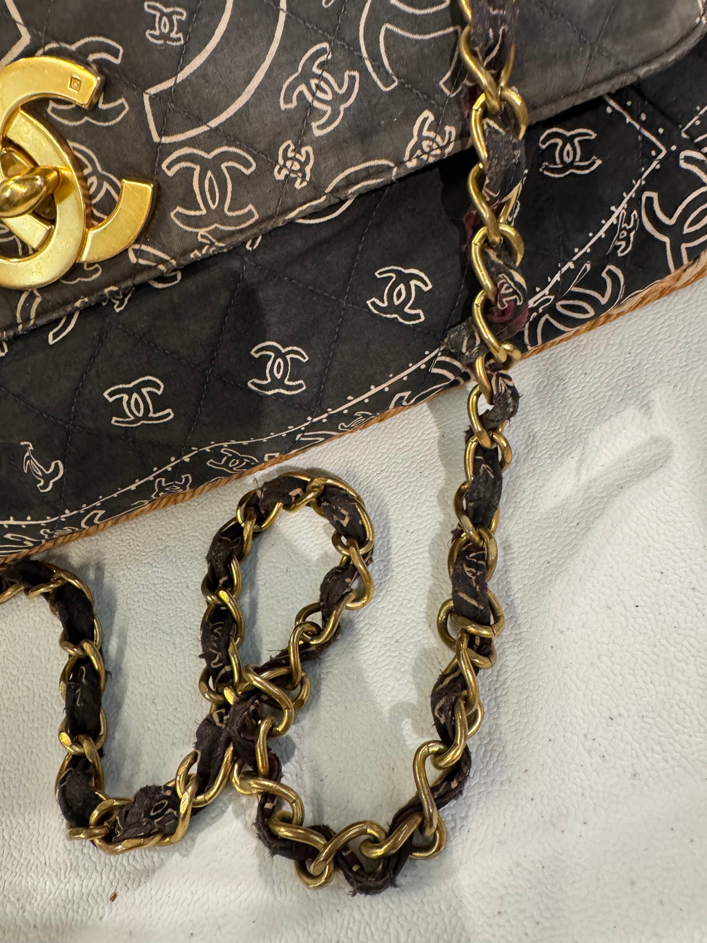 CHANEL 1990s Vintage Bandana Jumbo Flap Bag Black CC Logo 24K Gold Chain Rare