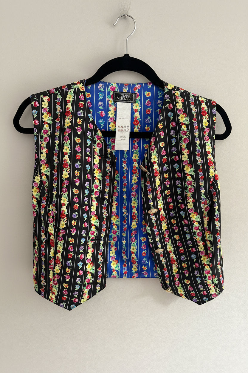Gianni Versace Vintage 1994 Floral Pinstripe Silk Crop Vest Top | Size S
