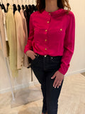 Chanel 1991 Pink Silk Button-Up Blouse Gold CC Logo Buttons FR36