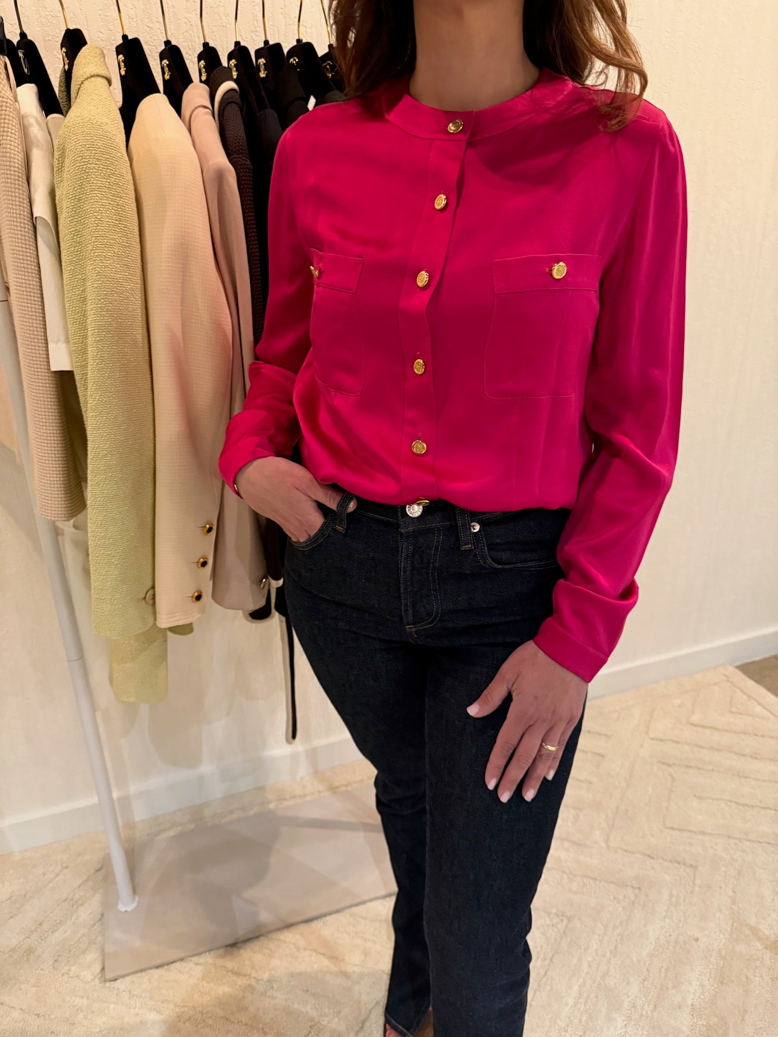 Chanel 1991 Pink Silk Button-Up Blouse Gold CC Logo Buttons FR36