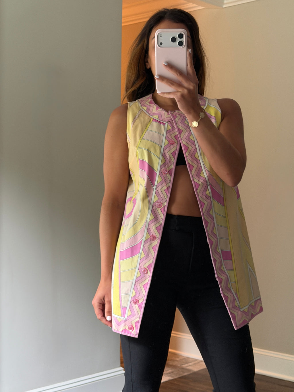 Emilio Pucci Cotton Poplin Sleeveless Tunic Top Pink Yellow Geometric Print Saks Fifth Avenue