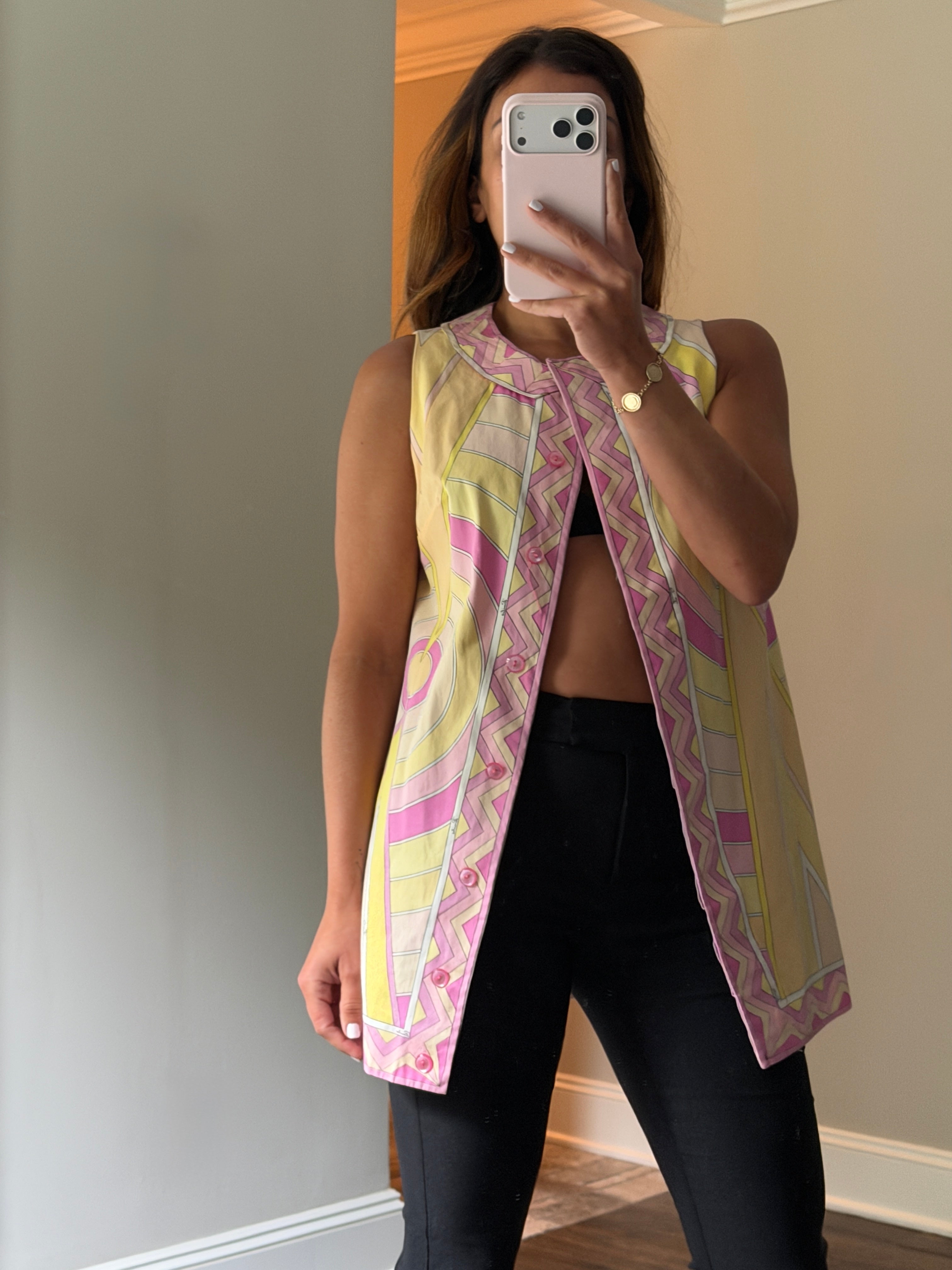 Emilio Pucci Cotton Poplin Sleeveless Tunic Top Pink Yellow Geometric Print Saks Fifth Avenue