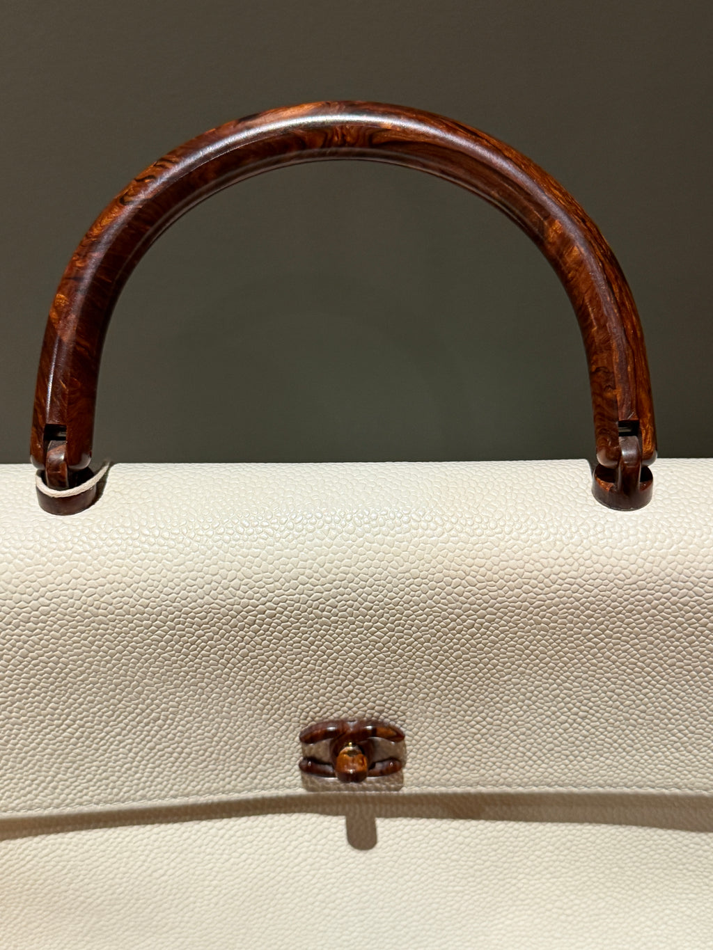 Chanel Kelly Top Handle Bag Off White Caviar Leather Wooden CC Turn Lock & Wood Handle 2000 2002 Vintage