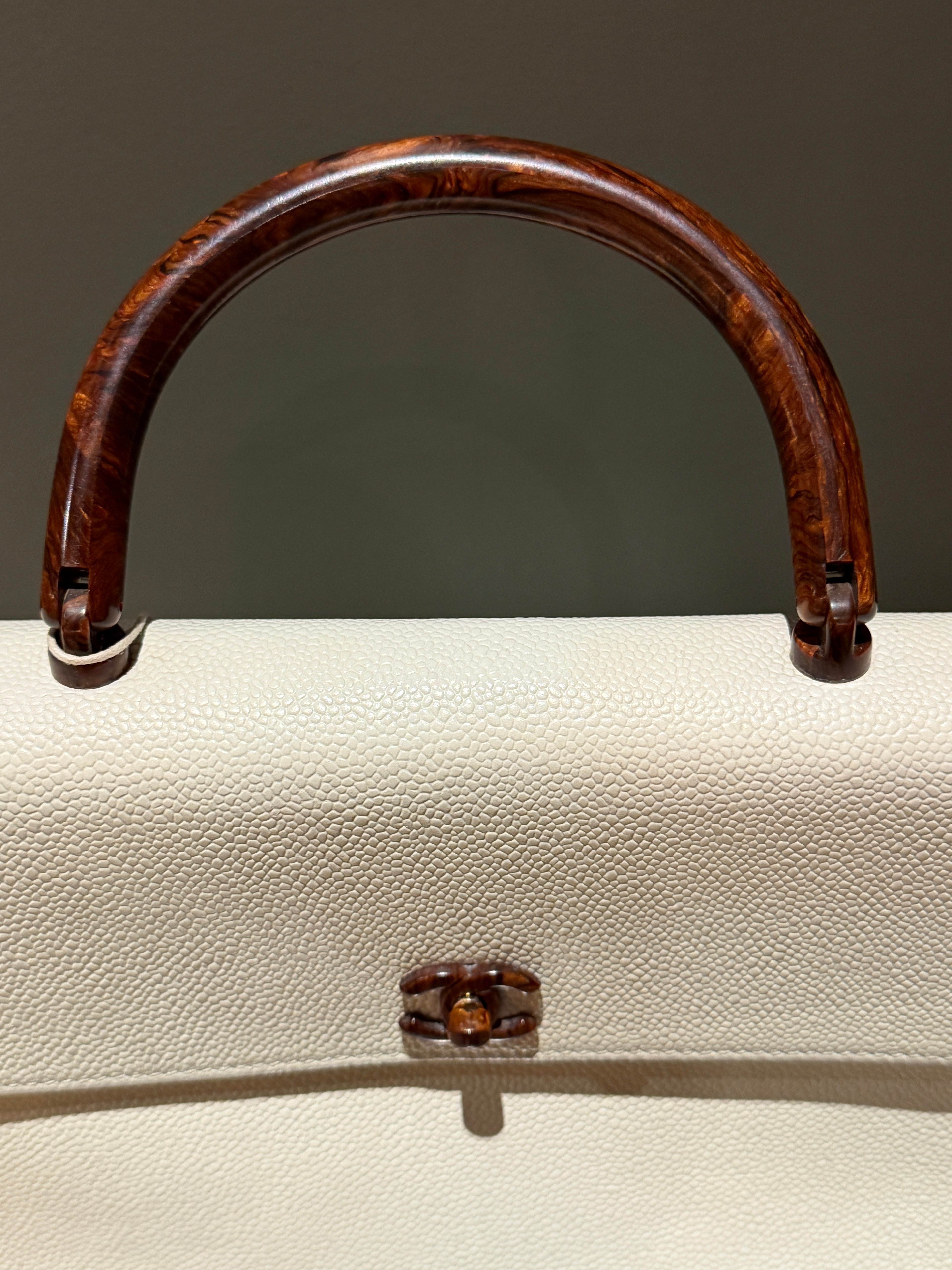 Chanel Kelly Top Handle Bag Off White Caviar Leather Wooden CC Turn Lock & Wood Handle 2000 2002 Vintage