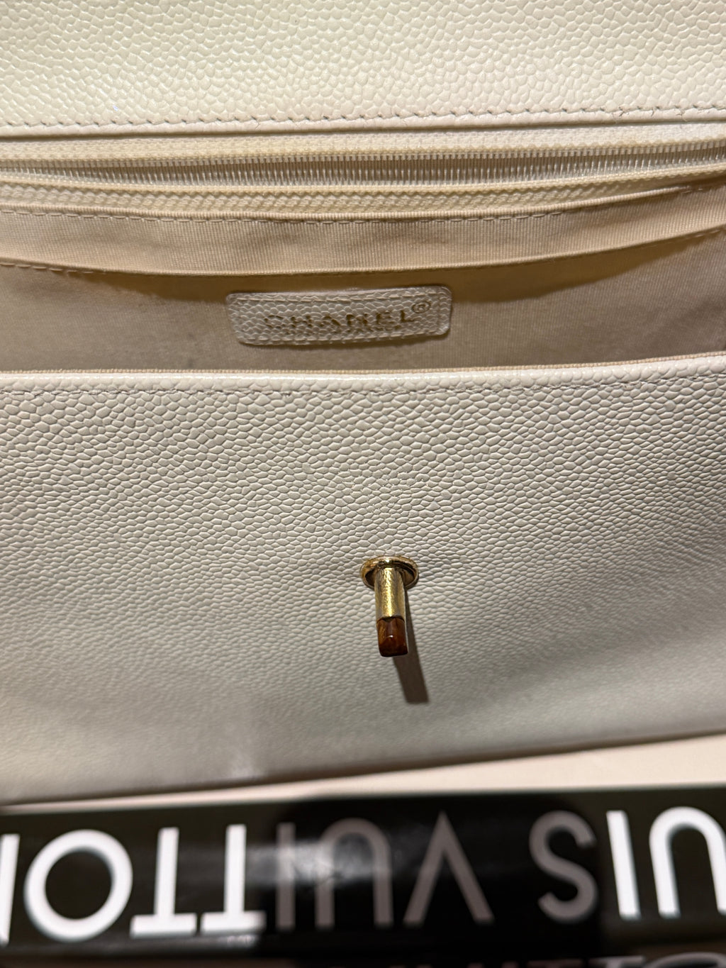 Chanel Kelly Top Handle Bag Off White Caviar Leather Wooden CC Turn Lock & Wood Handle 2000 2002 Vintage