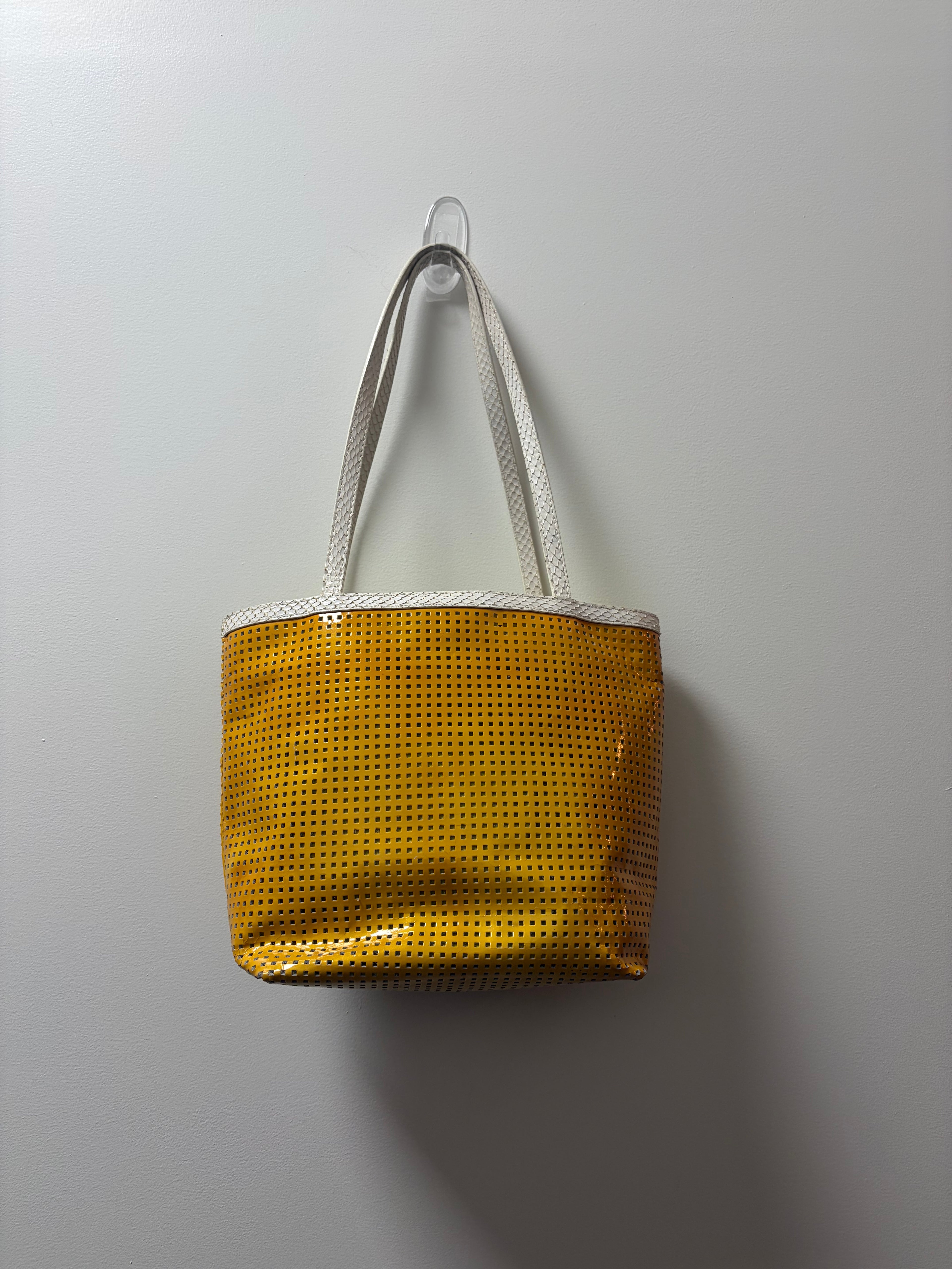 Fendi Yellow Perforated Metallic Leather Mini Tote Bag White Trim FF Logo