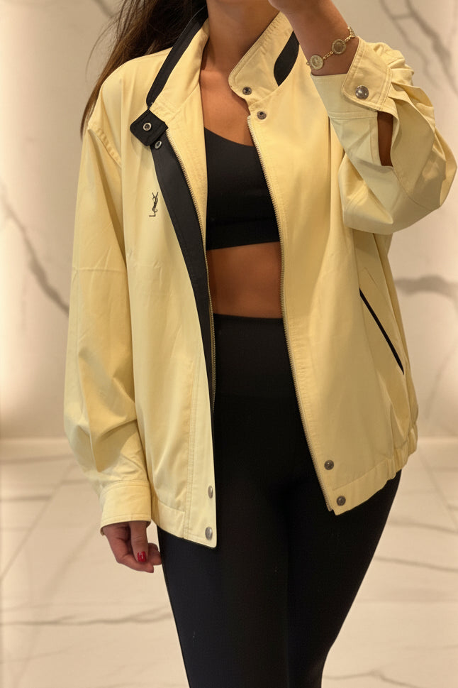 Yves Saint Laurent Vintage Butter Yellow Navy YSL Logo Bomber Windbreaker Jacket size 95