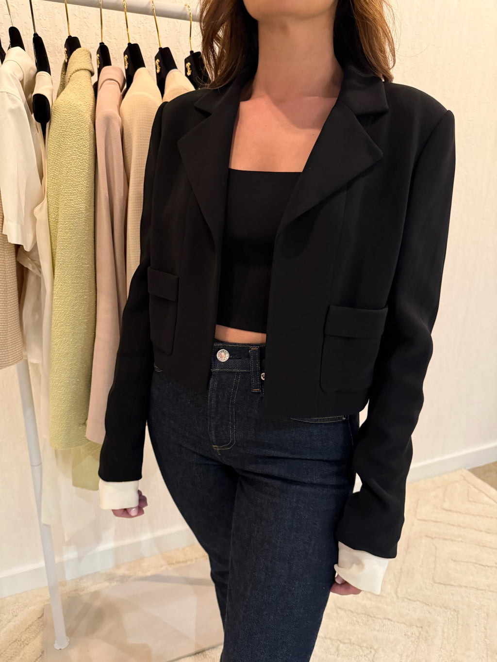 Chanel 2015 Silk Black Runway Blazer with Removable White Sleeves | FR40