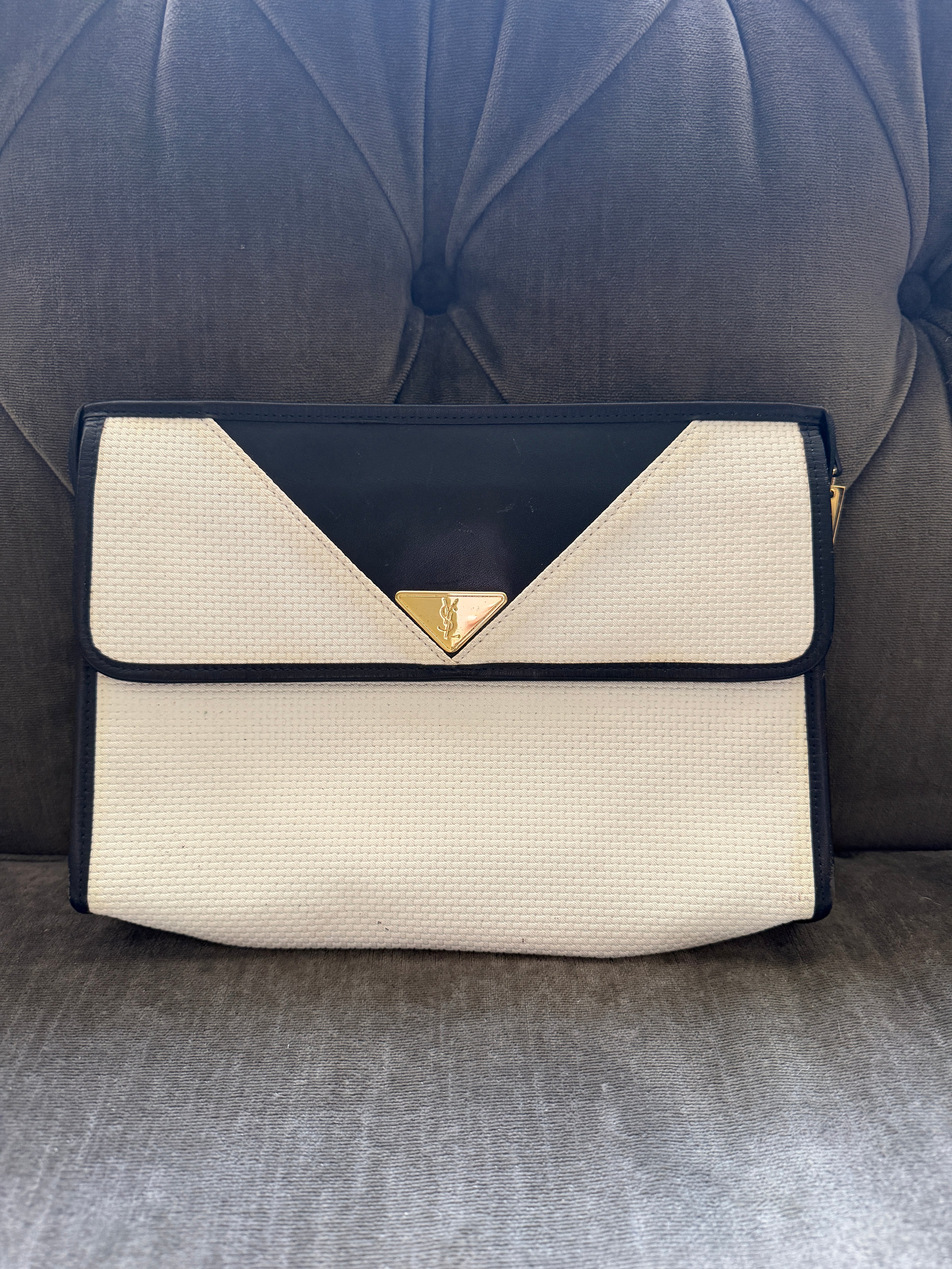 Yves Saint Laurent White & Navy YSL Logo PVC Clutch Bag