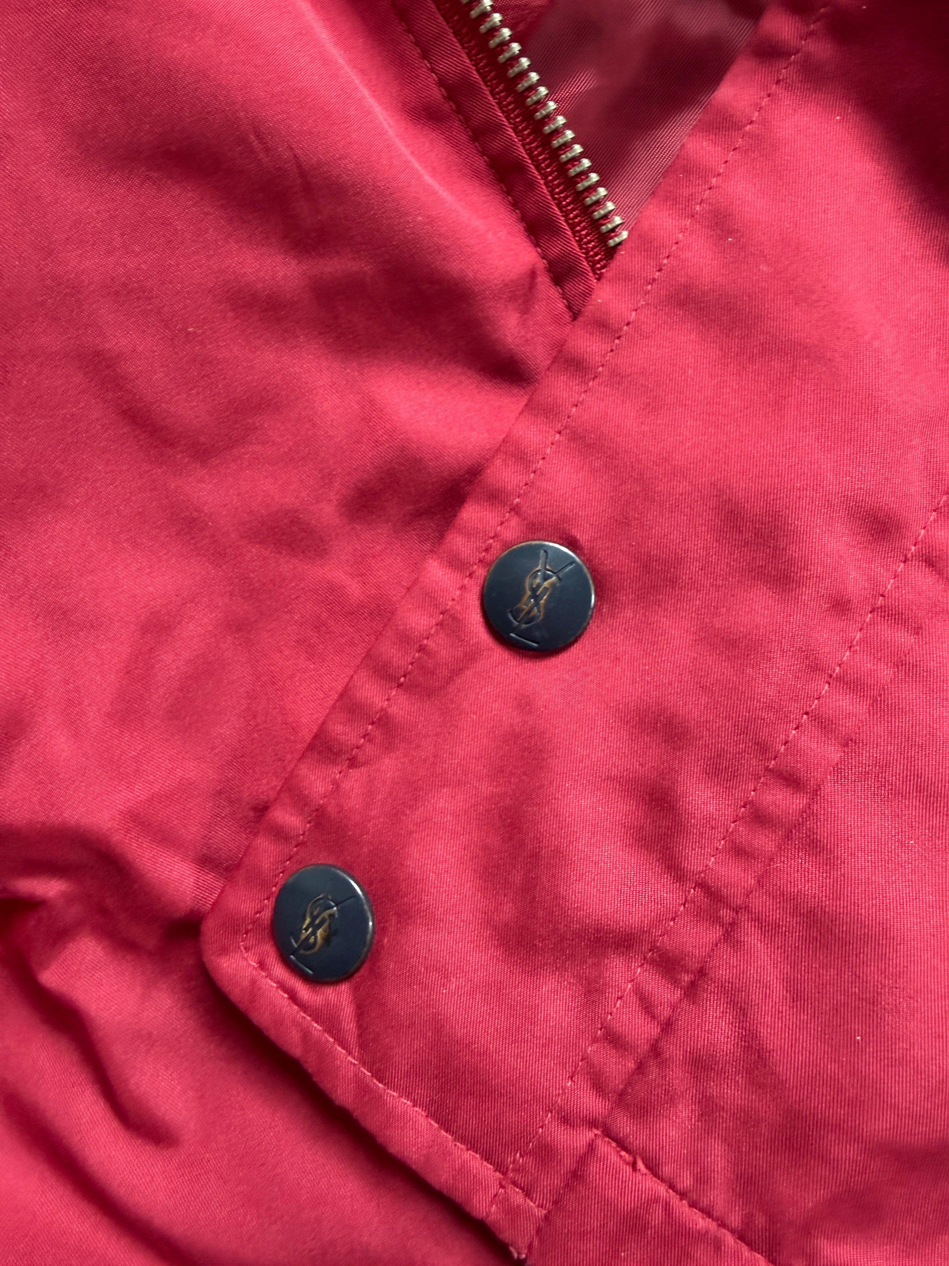 Yves Saint Laurent Vintage 90s Red YSL Logo Windbreaker Jacket Navy Logo Hidden Hood Size 100 Oversized