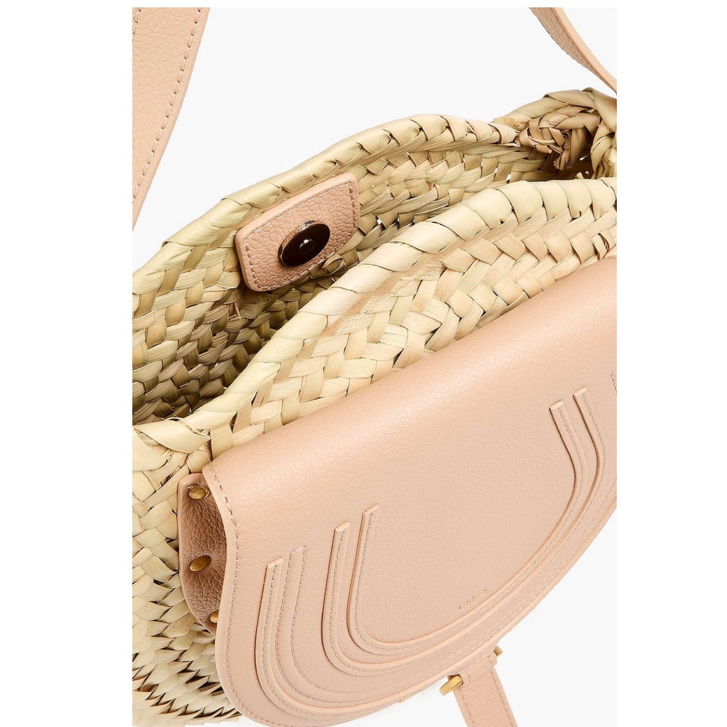 Chloé Marcie Pebbled Leather & Straw Crossbody Bag Natural Gold Hardware NWT