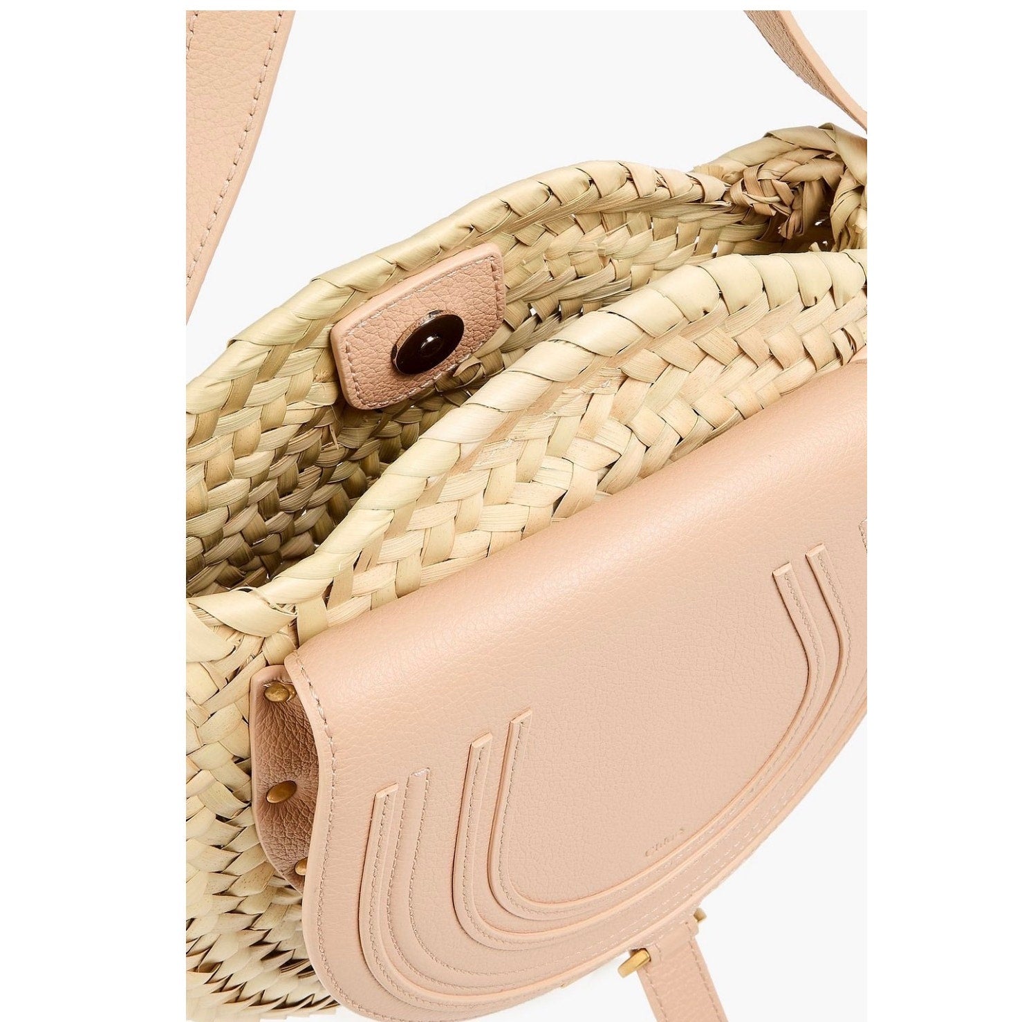 Chloé Marcie Pebbled Leather & Straw Crossbody Bag Natural Gold Hardware NWT