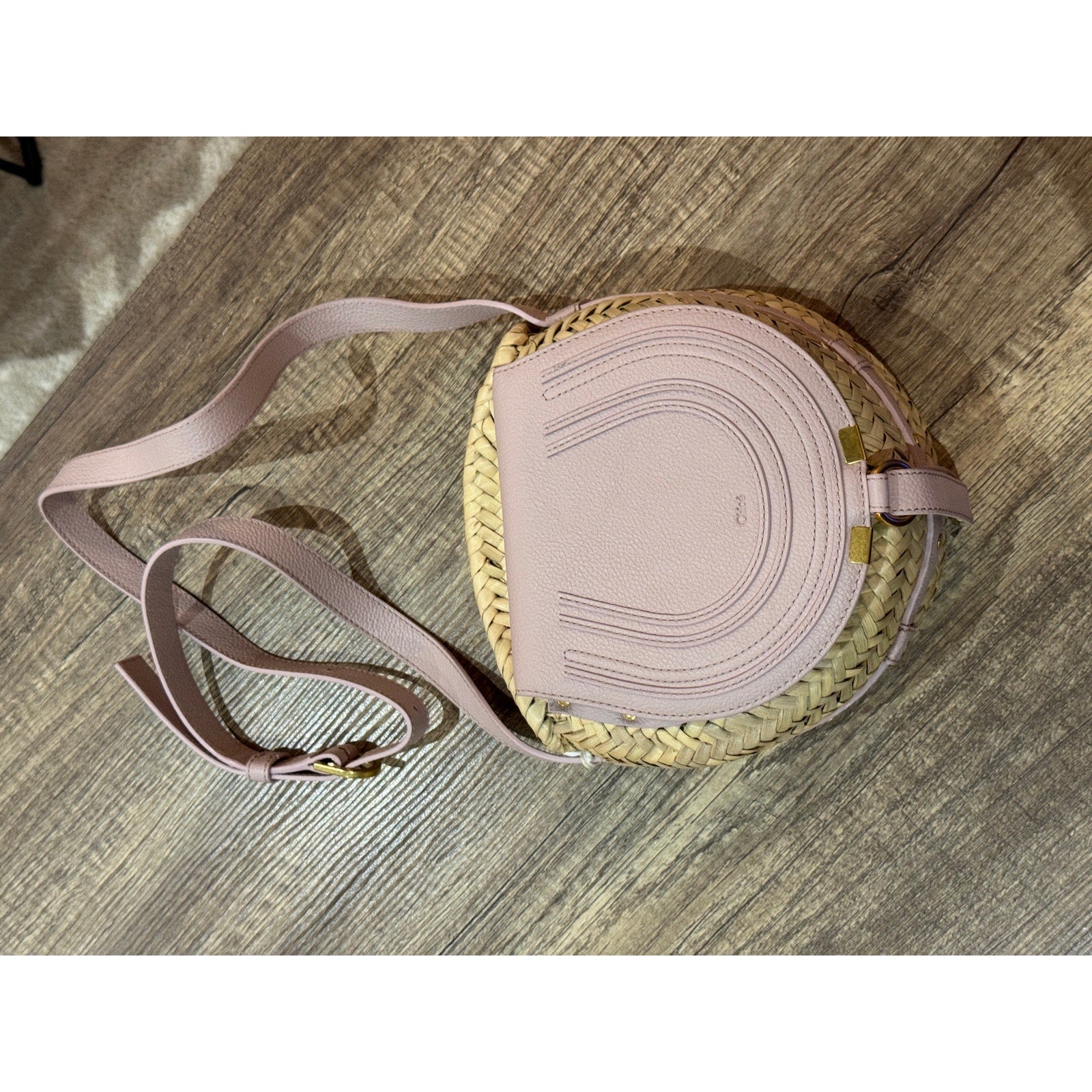 Chloé Marcie Pebbled Leather & Straw Crossbody Bag Pastel Pink Gold Hardware NWT