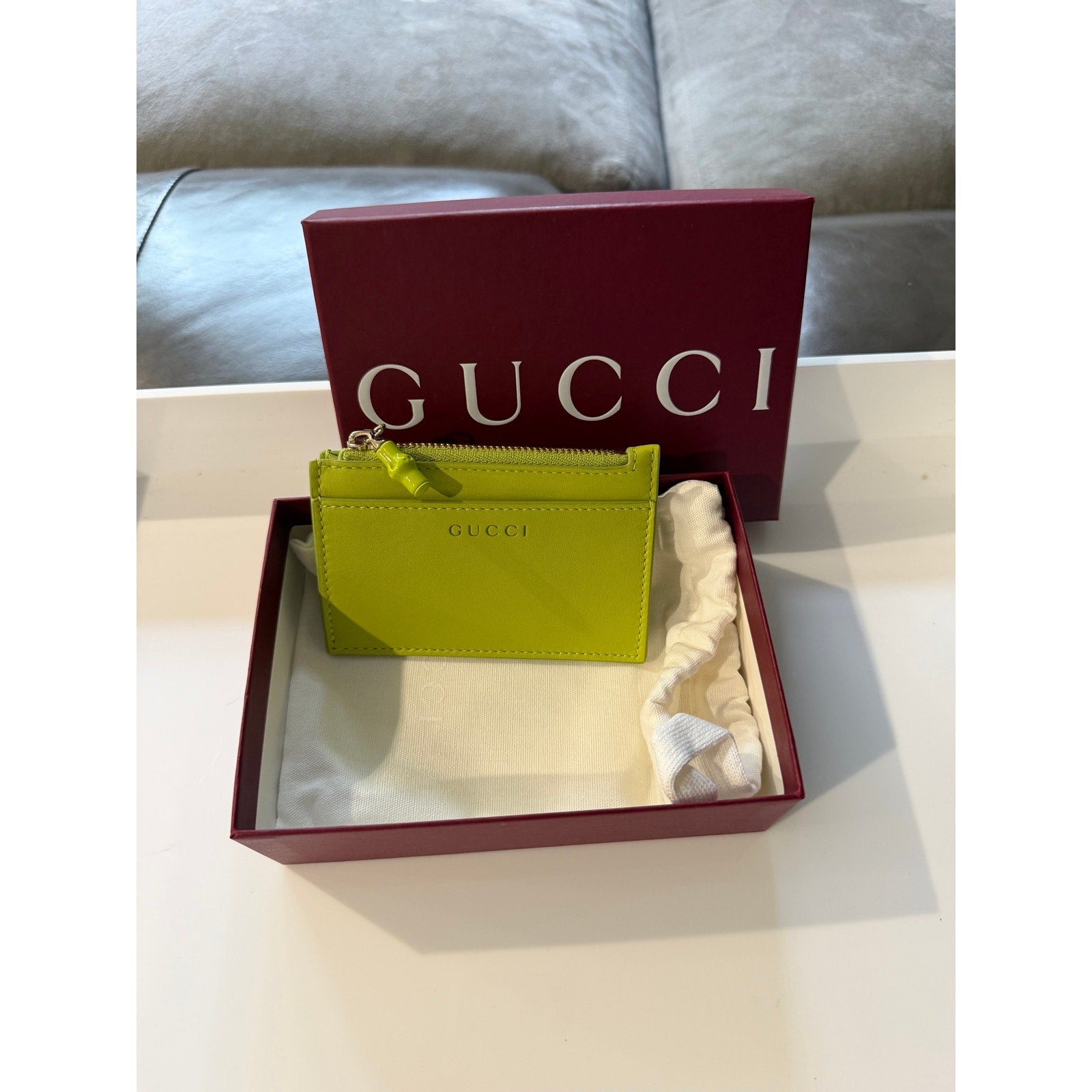 Gucci Bamboo Leather Card Case Green Zip Wallet BNIB