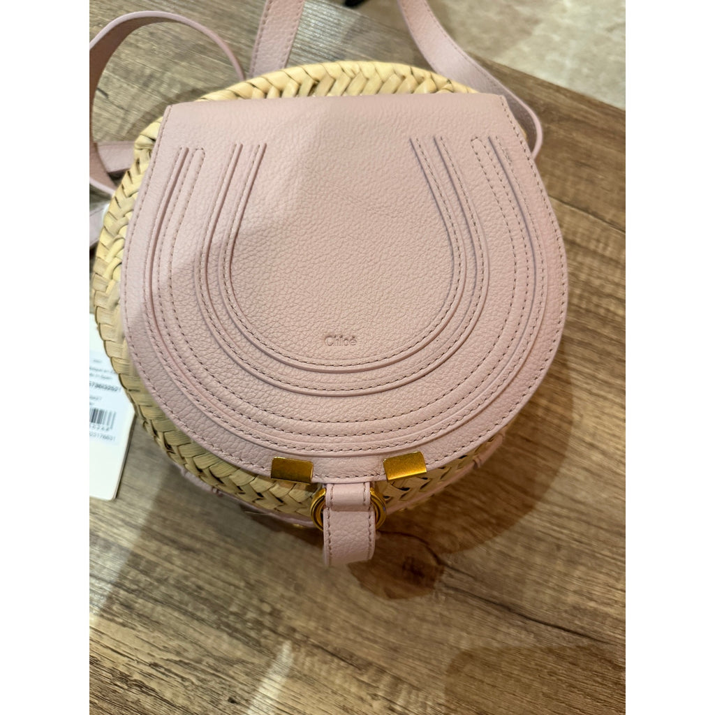 Chloé Marcie Pebbled Leather & Straw Crossbody Bag Pastel Pink Gold Hardware NWT