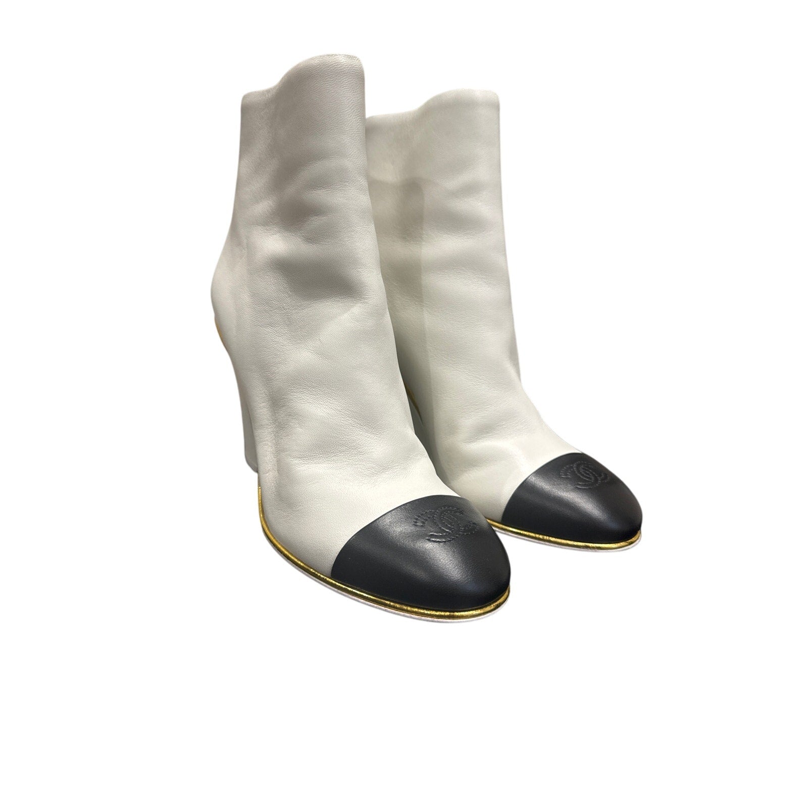 CHANEL Lambskin Cap Toe Wedge Boots White Black Size 38.5
