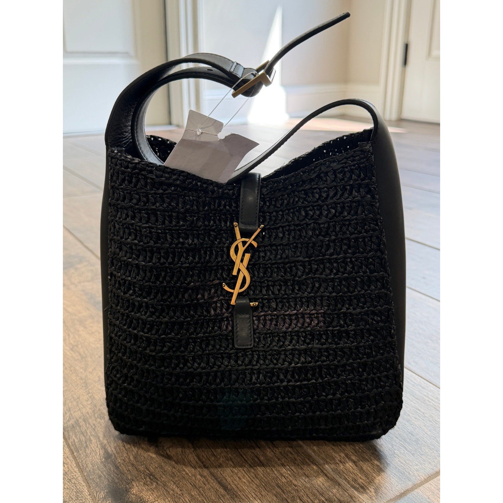 Saint Laurent Small Le 5 A 7 Hobo Crochet Leather Bag Black NWT