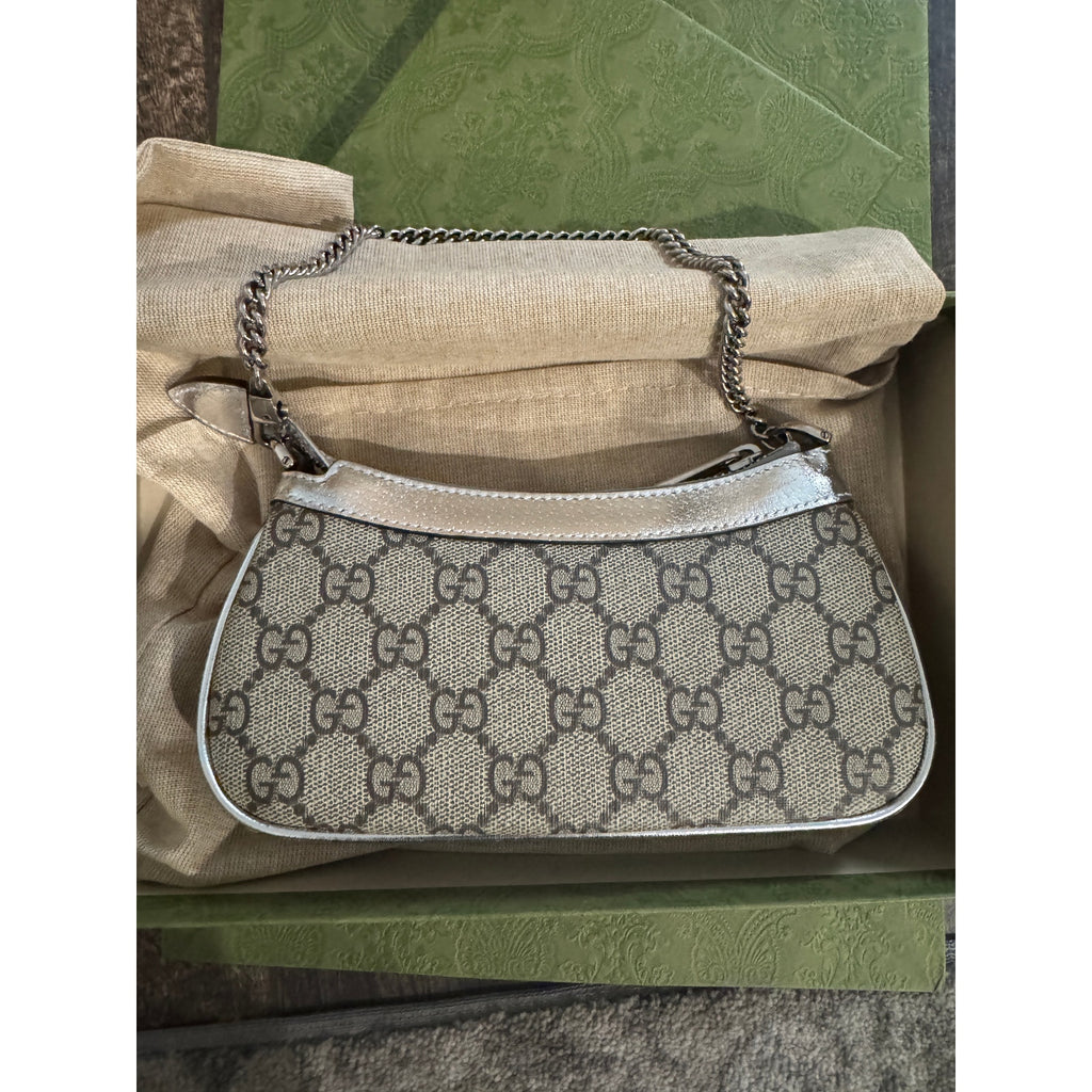 Gucci Ophidia Mini GG Canvas Shoulder Bag Beige Silver Leather Chain Strap BNIB
