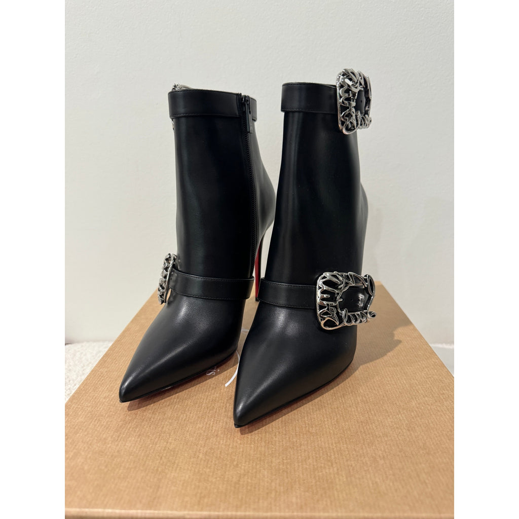 Christian Louboutin Giddylina 100mm Black Leather Buckle Ankle Boots Size 37.5 New in Box