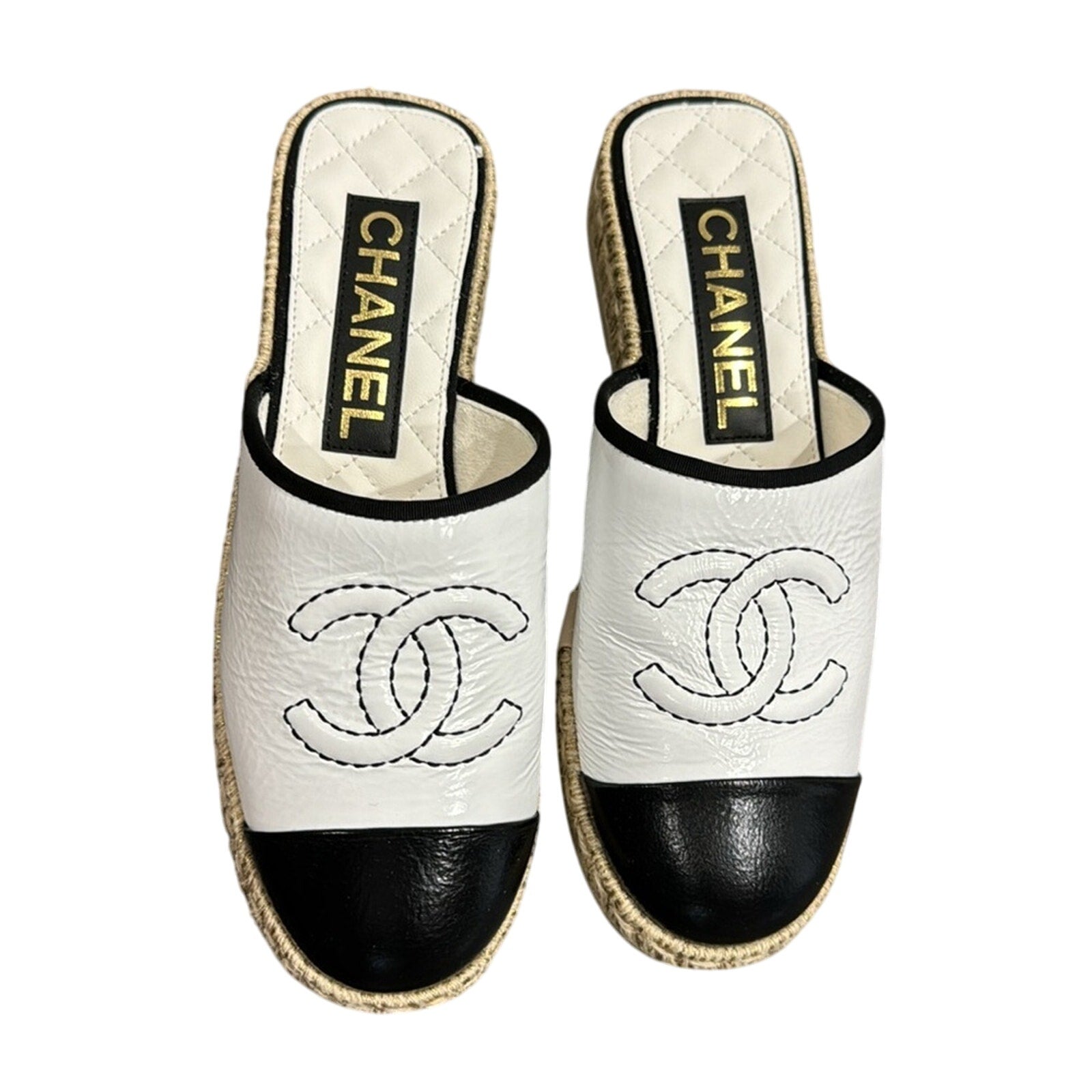 CHANEL Black Cap Toe Interlocking CC Logo White Espadrille Mules 37 BNIB