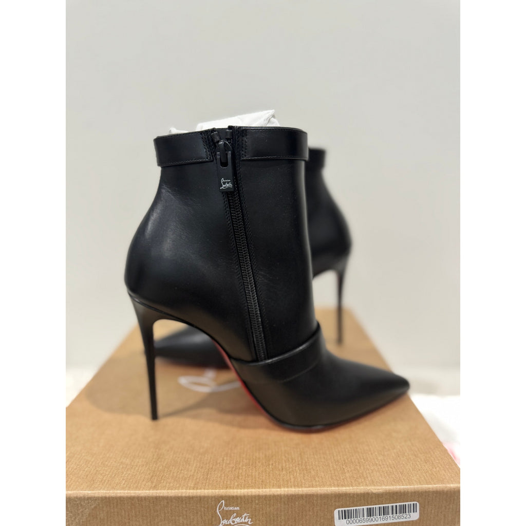 Christian Louboutin Giddylina 100mm Black Leather Buckle Ankle Boots Size 37.5 New in Box