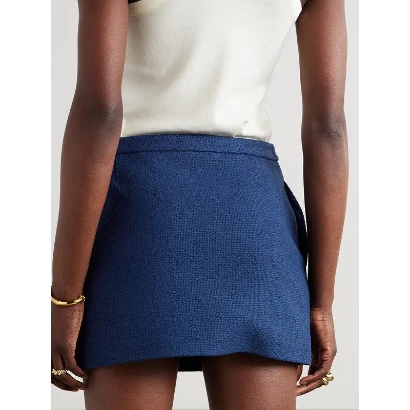 Gucci Blue Cotton Blend Tweed Mini Skirt | Gold Logo Button | IT 38