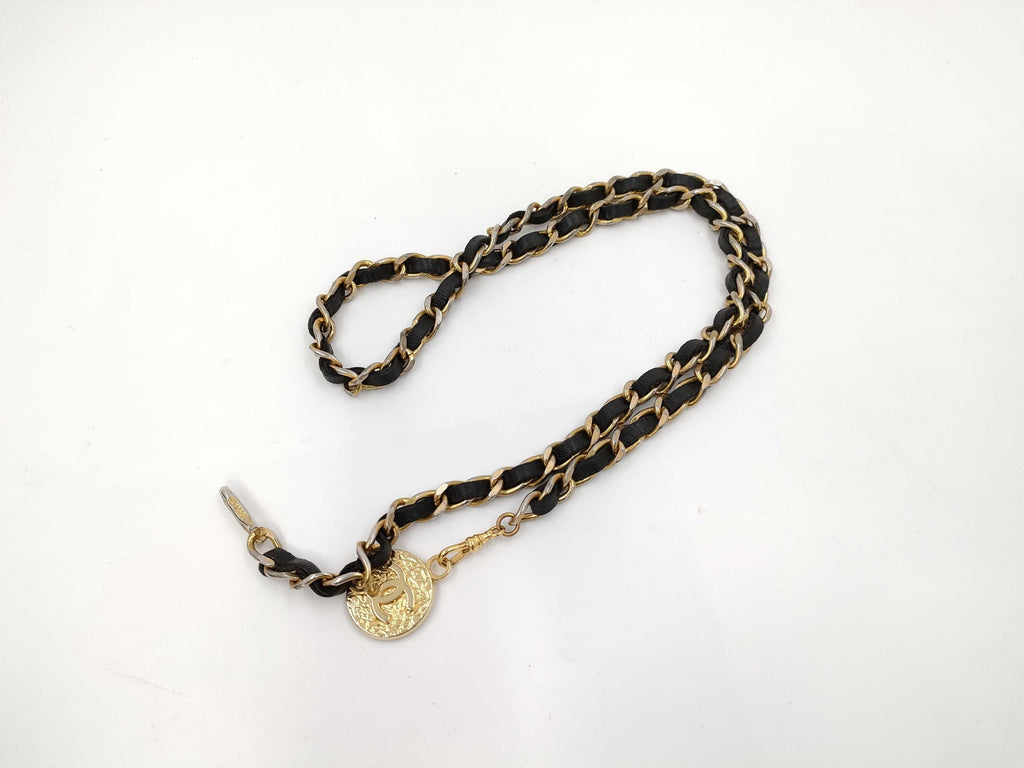 Chanel Leather Woven Chain Strap Necklace Belt Gold Tone Black Leather Medallion Charm