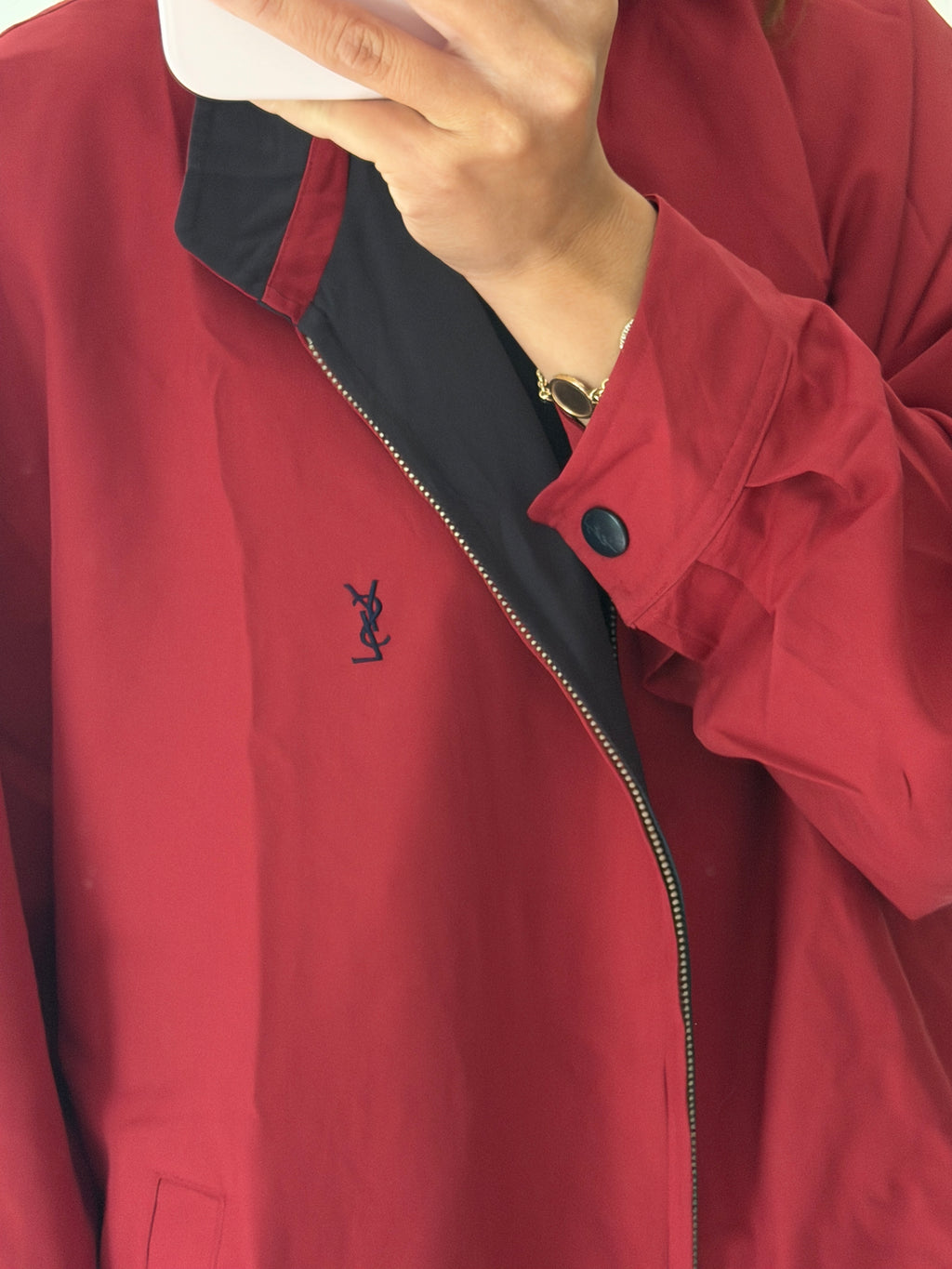 Yves Saint Laurent Vintage 90s Red YSL Logo Windbreaker Jacket Navy Logo Size 110 Oversized