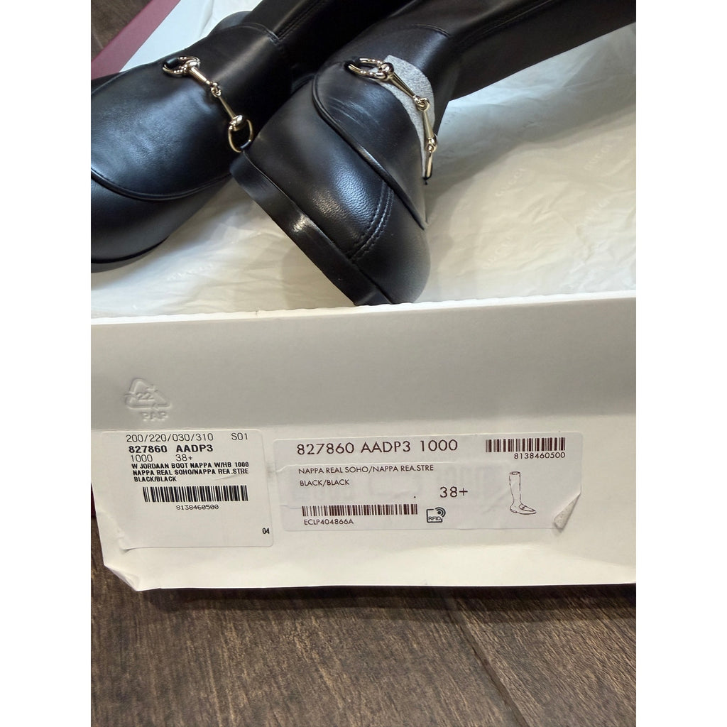 Gucci Jordaan Leather Knee High Boots Black Lambskin Horsebit Size 38.5 BNIB