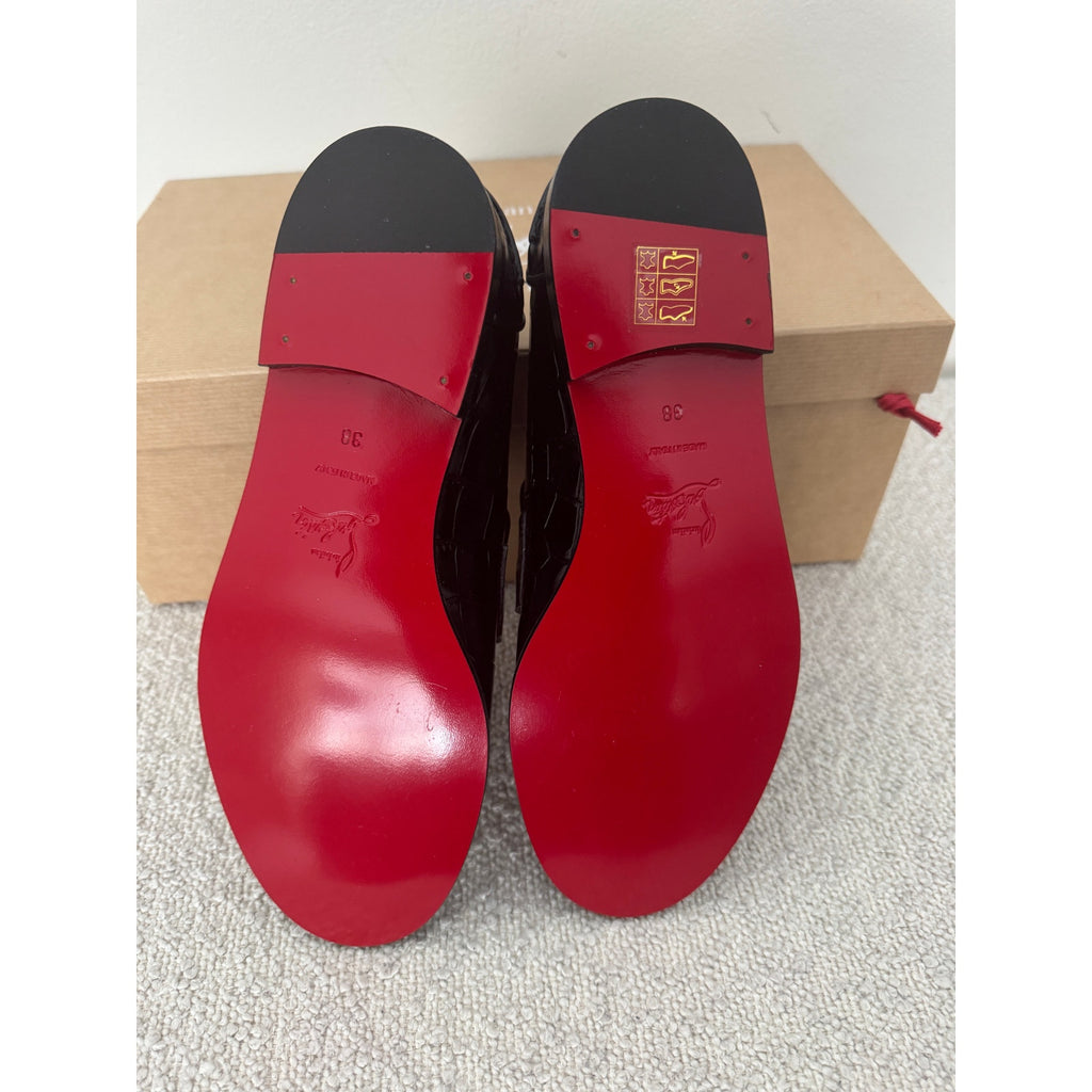 CHRISTIAN LOUBOUTIN CL Moc flat embossed black leather loafers size 38 BNIB