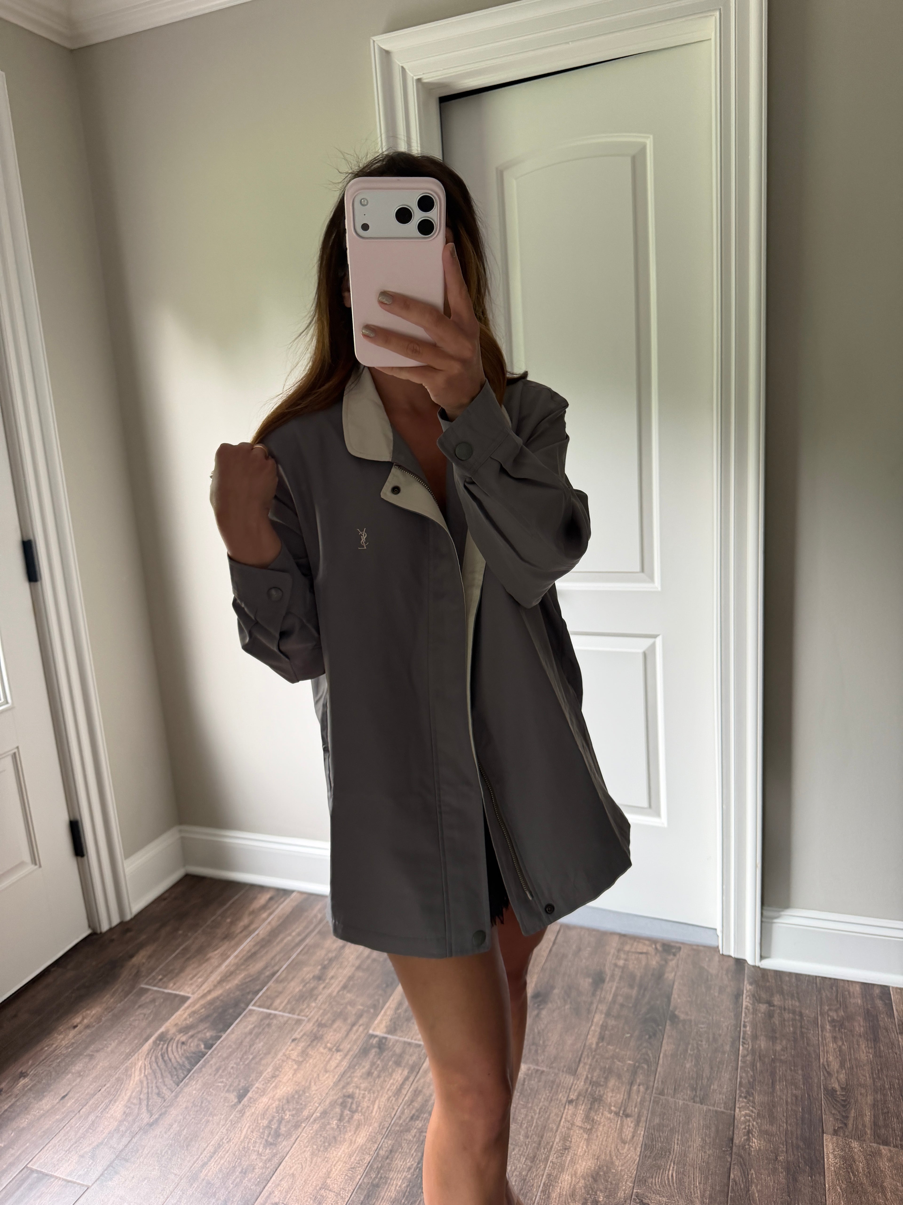 Yves Saint Laurent Vintage 90s Dark Khaki Green YSL Logo Windbreaker Jacket Ivory Collar Size 95 Oversized