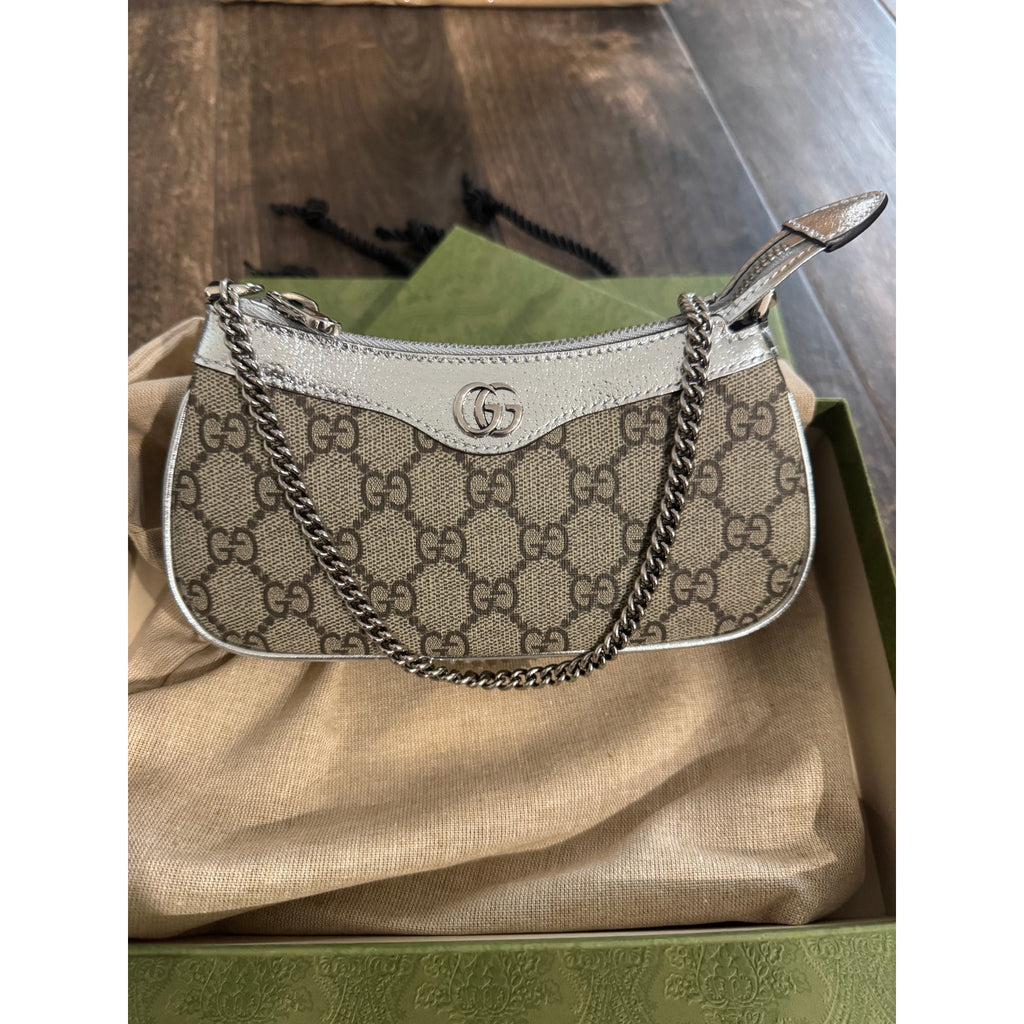 Gucci Ophidia Mini GG Canvas Shoulder Bag Beige Silver Leather Chain Strap BNIB