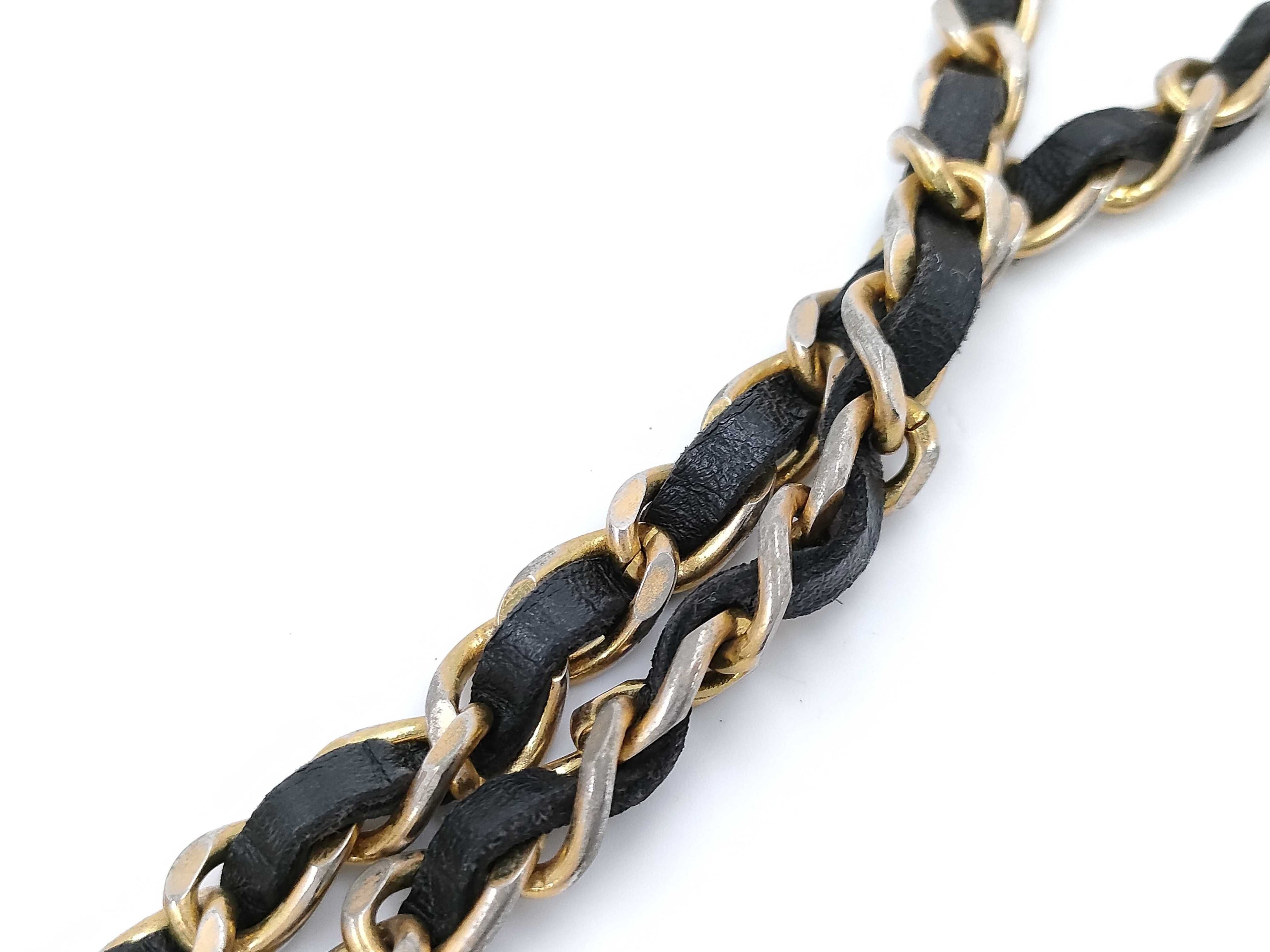 Chanel Leather Woven Chain Strap Necklace Belt Gold Tone Black Leather Medallion Charm