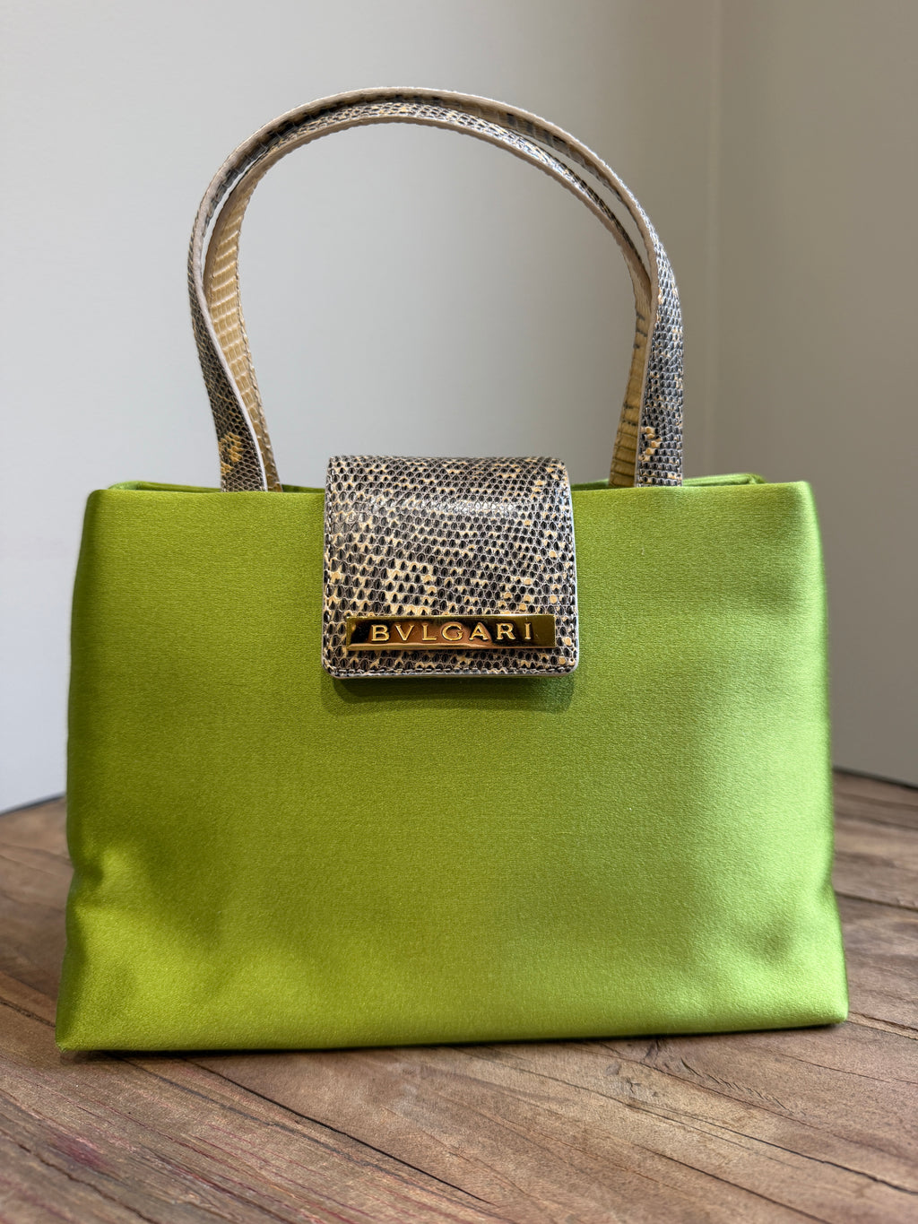 Bvlgari Vintage Pammee Bag Chartreuse Acid Green Satin Vanilla Lizard Leather Rare Y2K