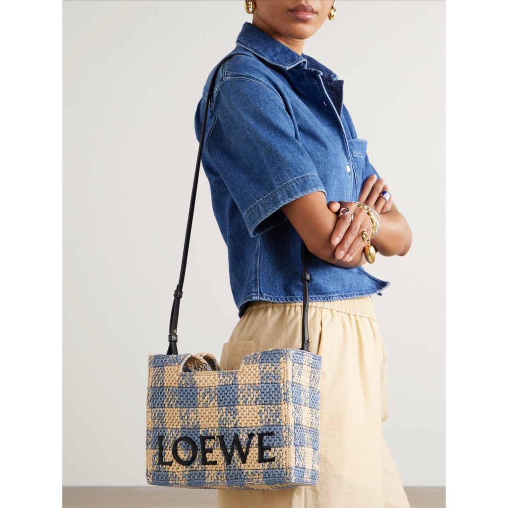 Loewe Paula’s Ibiza Raffia Blue Checked Tote NWT Embroidered Logo