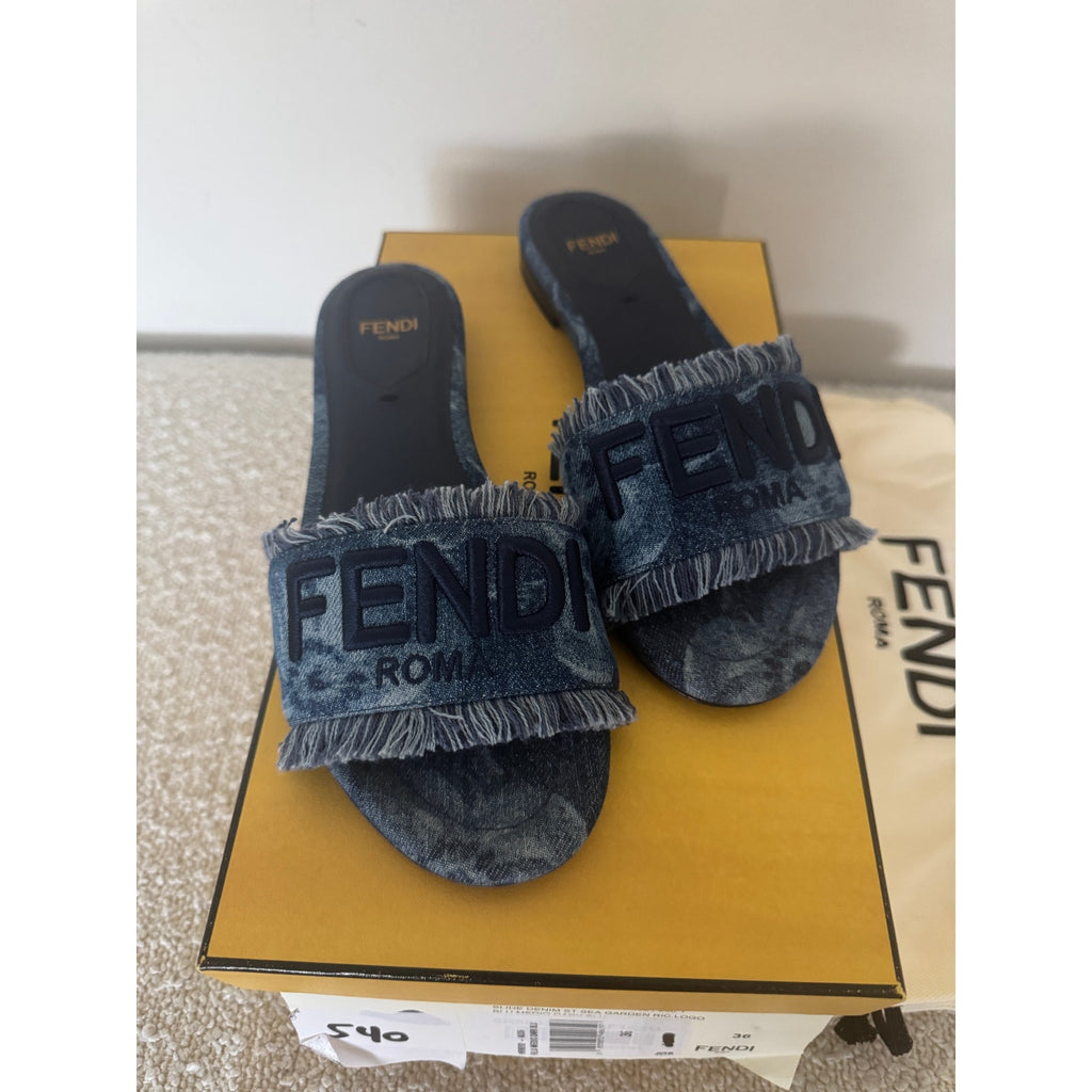 FENDI Sunshine Floral Denim Frayed Slide Sandals BNIB Size 36