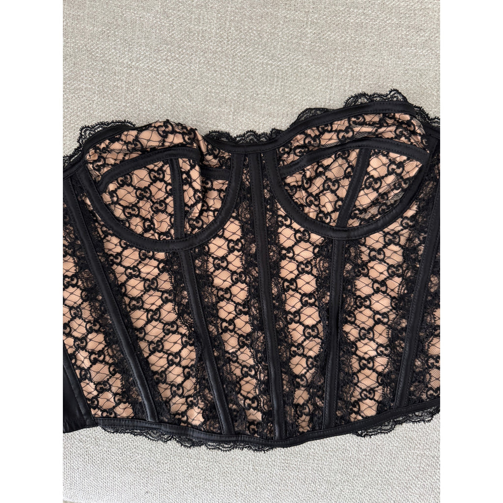 GUCCI Lace-Trimmed Embroidered Cotton-Blend Tulle And Satin Bustier Top Black XS