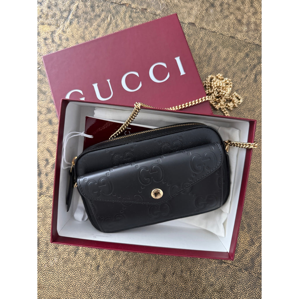 Gucci GG Super Mini Shoulder Bag Black Leather with Chain Strap Brand BNIB