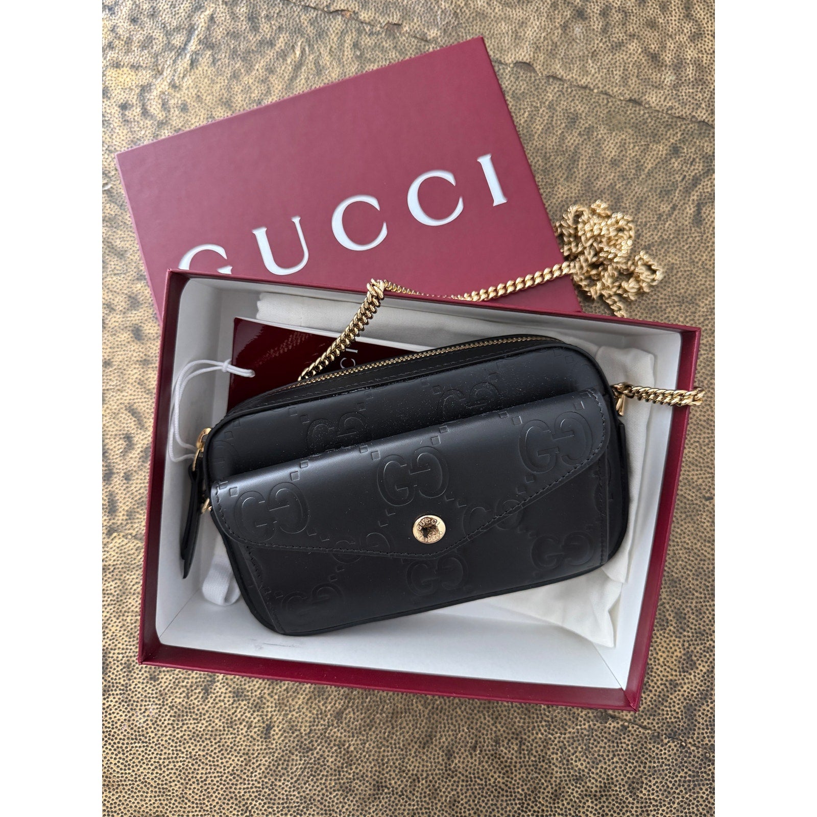 Gucci GG Super Mini Shoulder Bag Black Leather with Chain Strap Brand BNIB