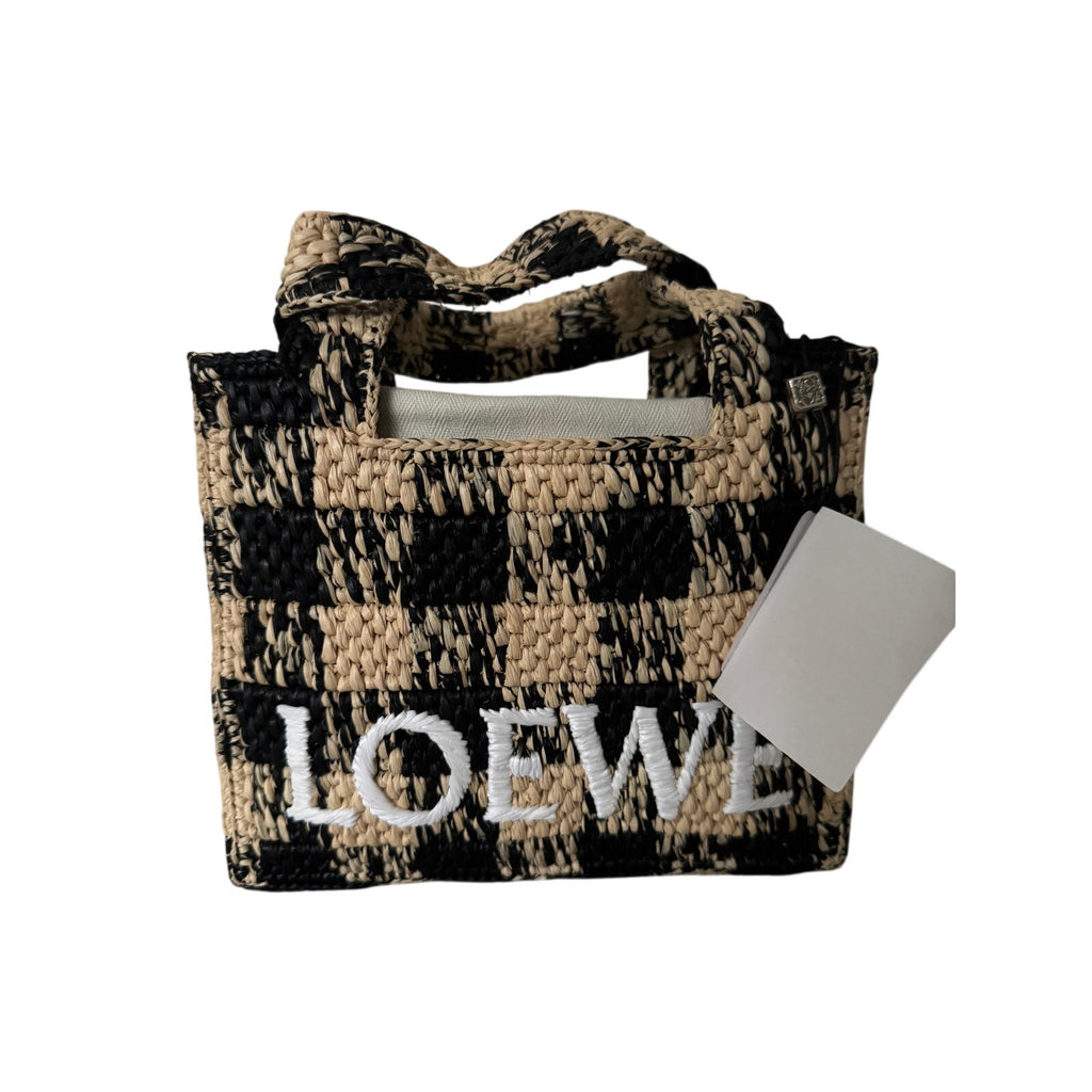 Loewe Paula’s Ibiza Mini Raffia Tote Bag with Leather Trim Embroidered Gingham Beige NWT